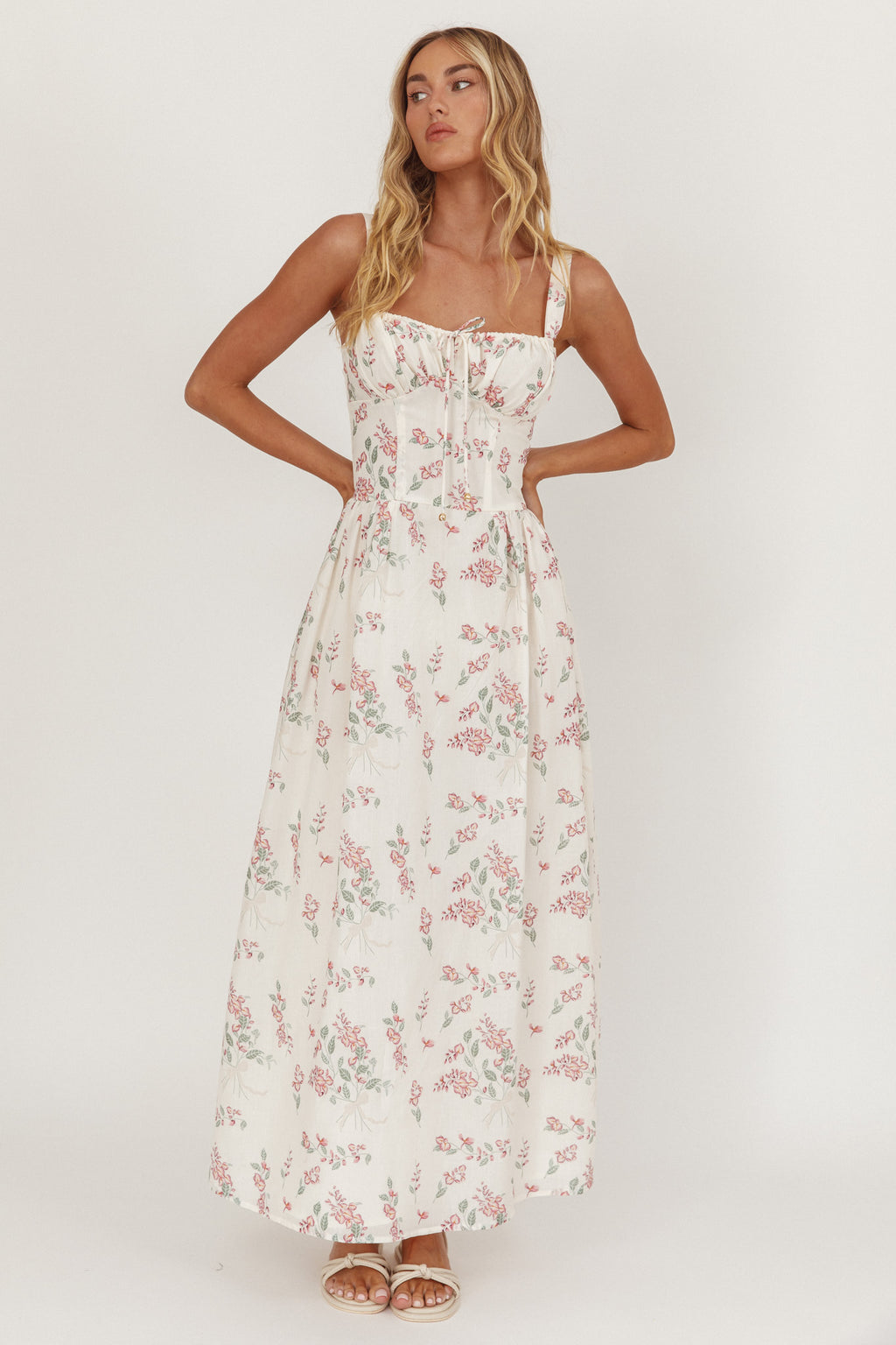 Seen The Light Tie Bust Maxi Dress Floral Cream/Pink by Selfie Leslie