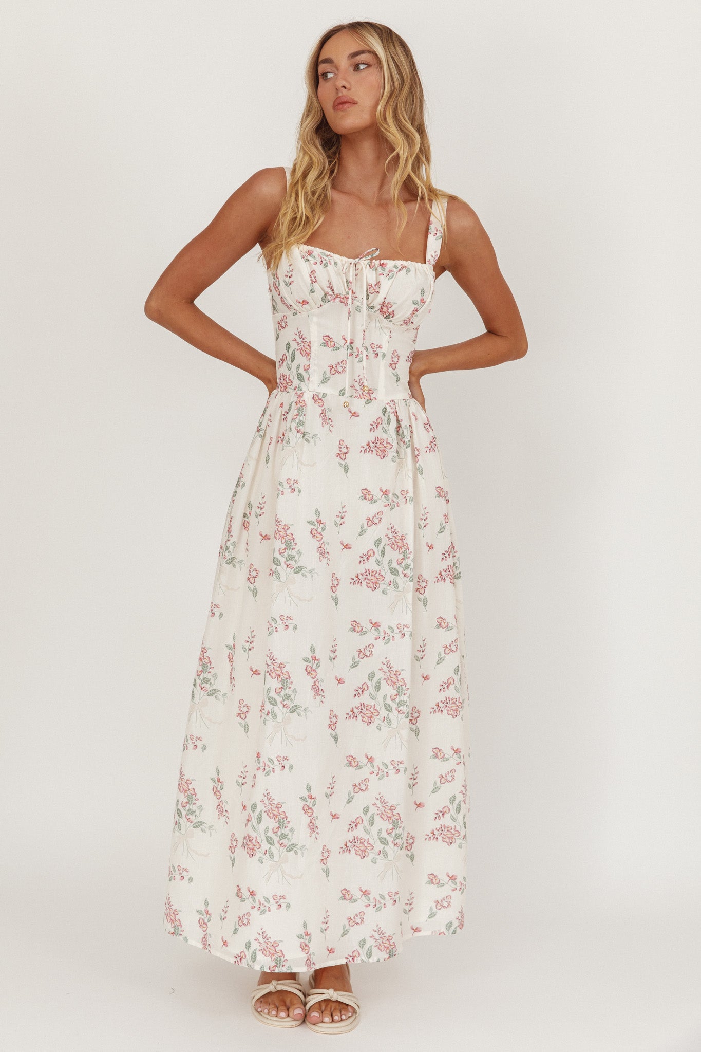Seen The Light Tie Bust Maxi Dress Floral Cream/Pink by Selfie Leslie