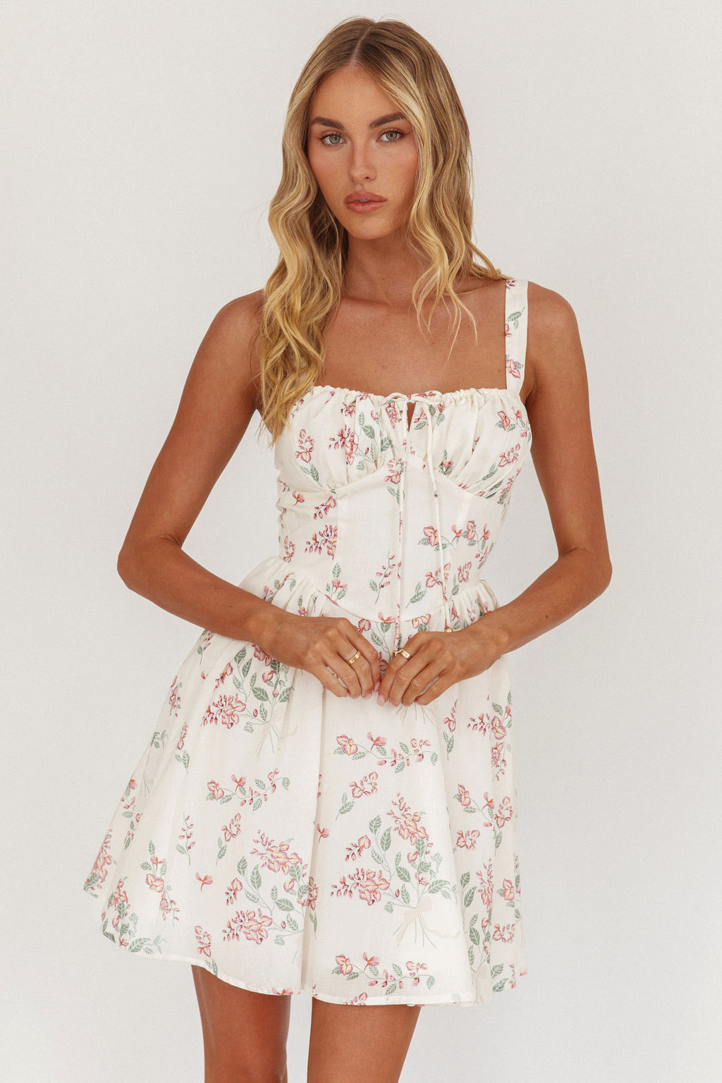 Seen The Light Tie Bust Mini Dress Floral Cream by Selfie Leslie