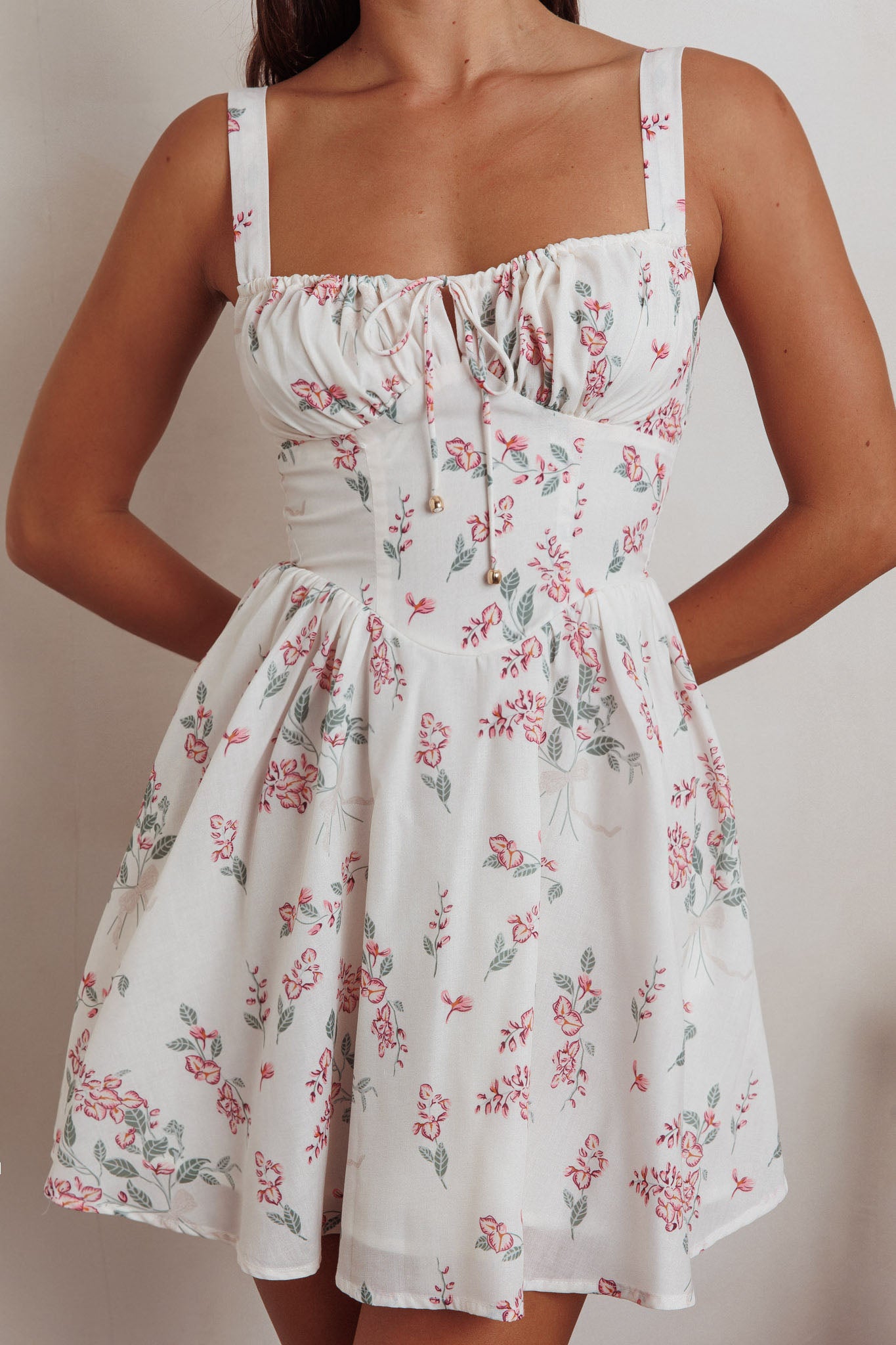 Seen The Light Tie Bust Mini Dress Floral Cream by Selfie Leslie