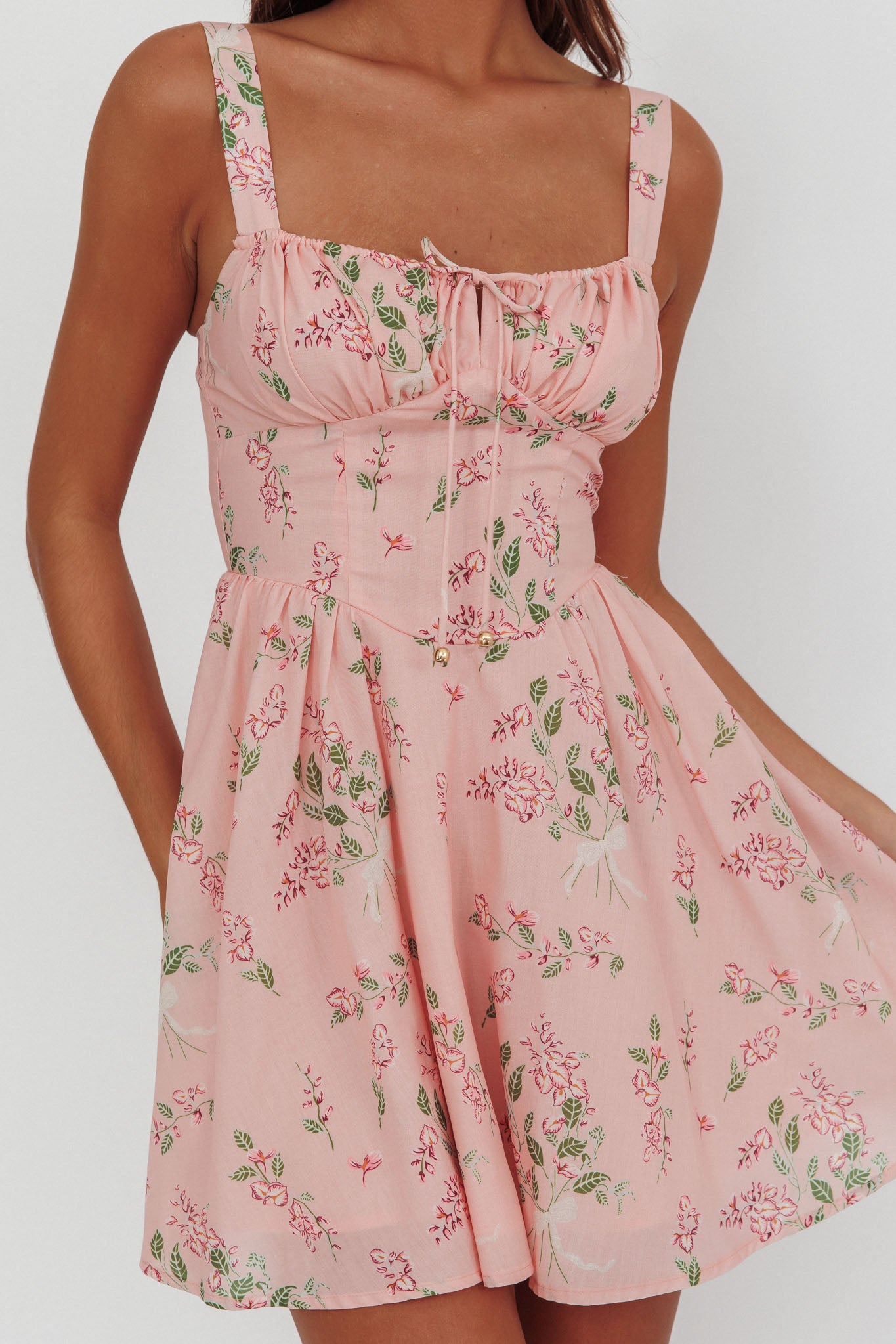 Seen The Light Tie Bust Mini Dress Floral Blush by Selfie Leslie