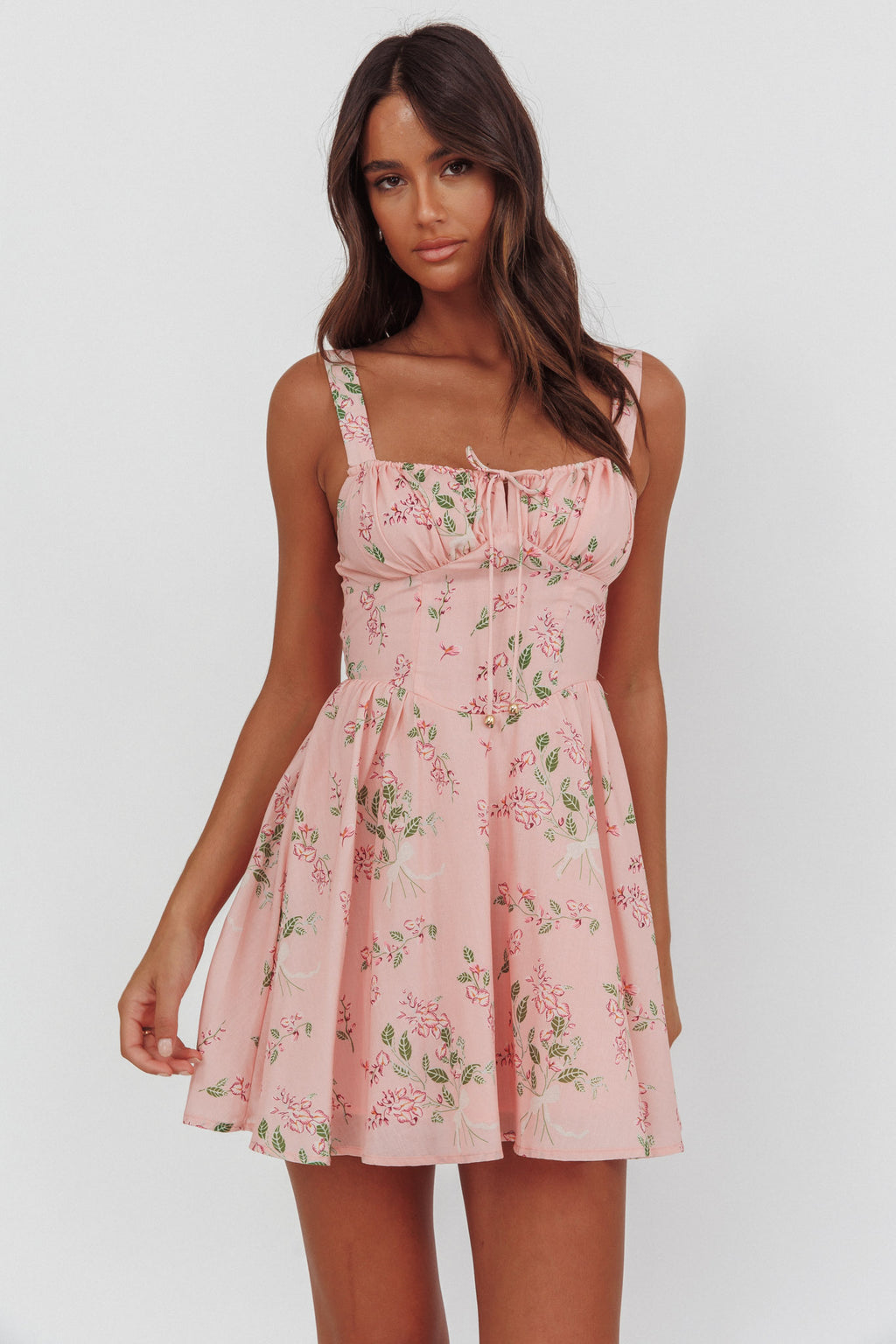 Seen The Light Tie Bust Mini Dress Floral Blush by Selfie Leslie