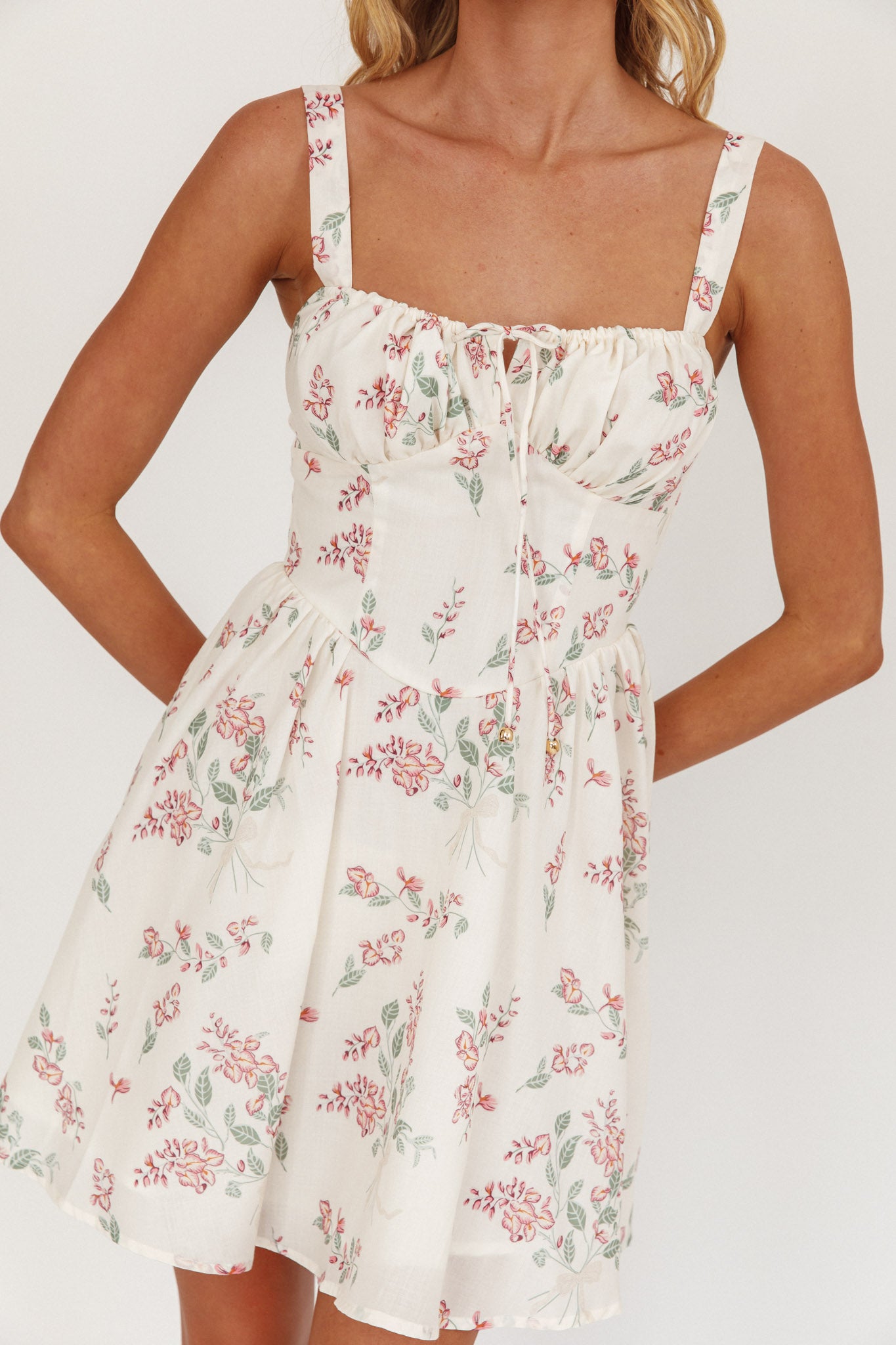 Seen The Light Tie Bust Mini Dress Floral Cream by Selfie Leslie