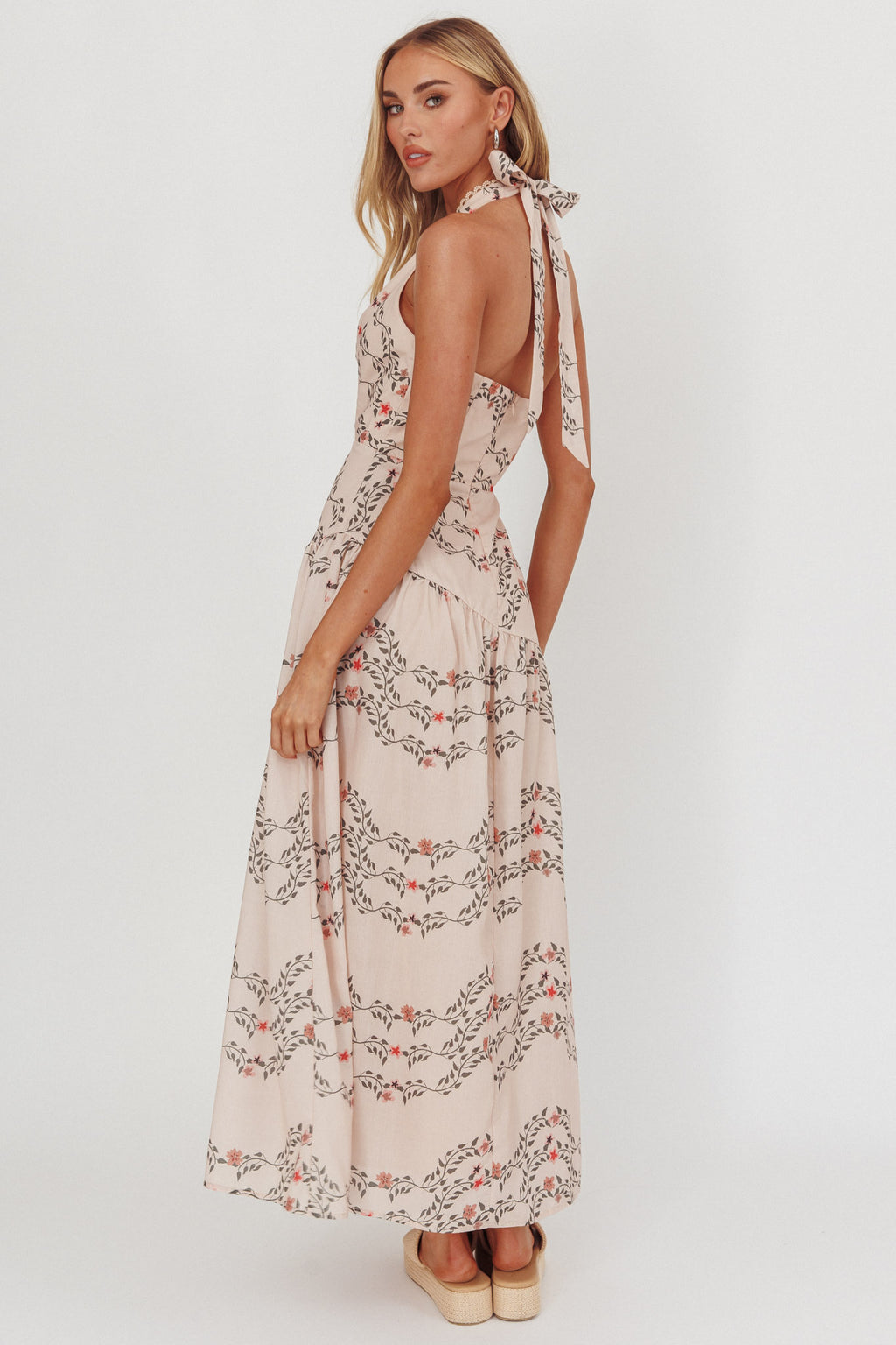 Saint Malo Halterneck Maxi Dress Floral Beige by Selfie Leslie
