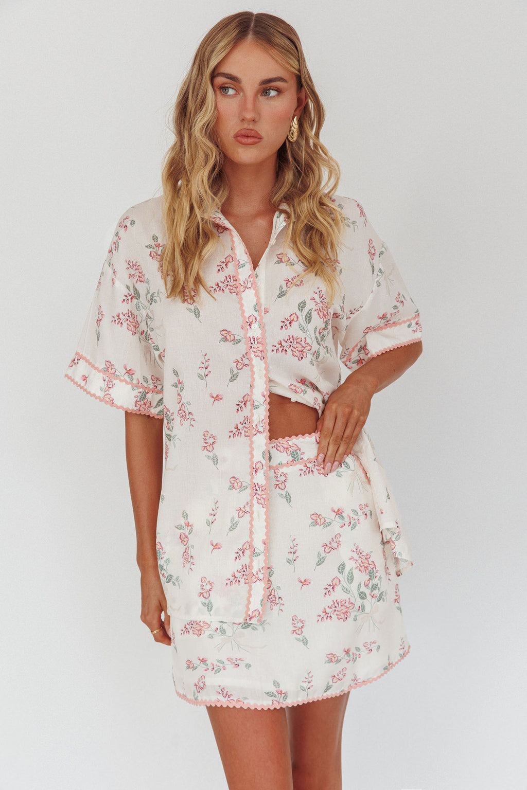 Catherina Ric-Rac Trim Mini Skirt Floral Pink by Selfie Leslie