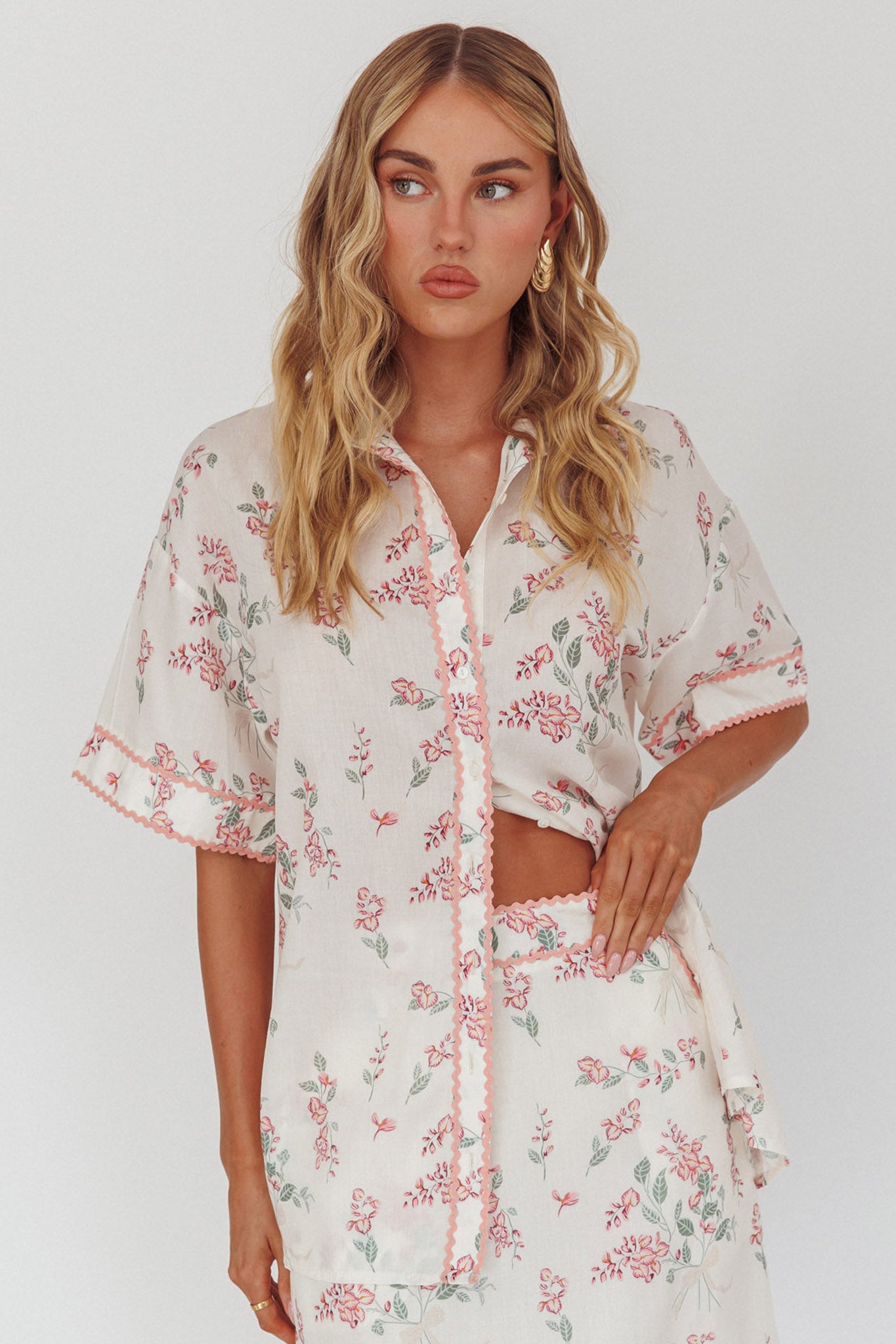 Catherina Ric-Rac Trim Button-Up Shirt Floral Pink by Selfie Leslie