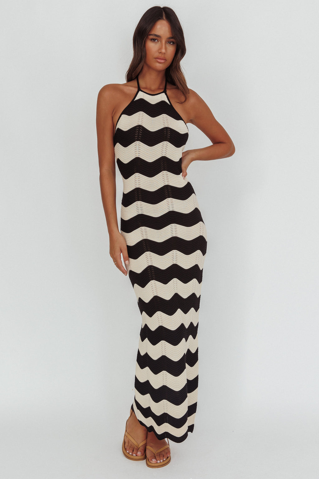 Yelena Halter Neck Knit  Maxi Dress Zig-Zag Cream by Selfie Leslie