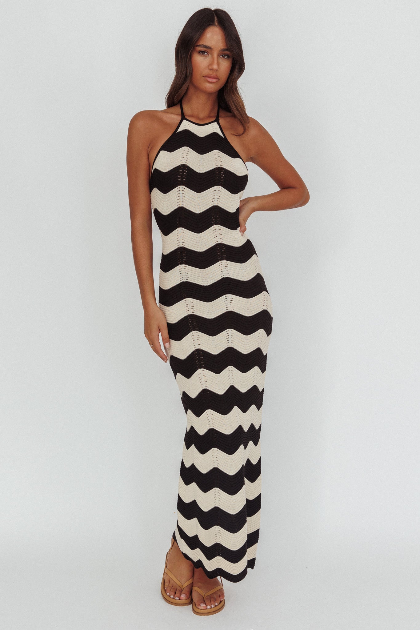 Yelena Halter Neck Knit  Maxi Dress Zig-Zag Cream by Selfie Leslie