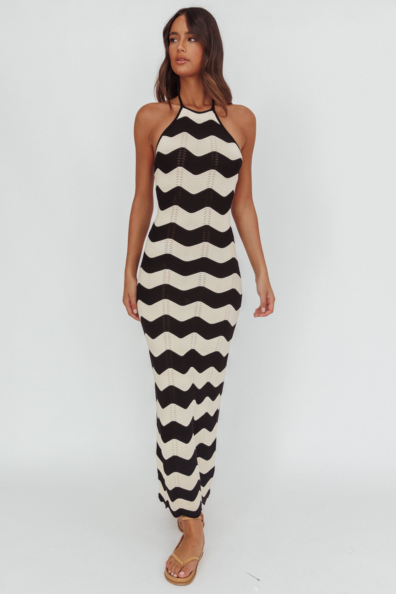 Yelena Halter Neck Knit  Maxi Dress Zig-Zag Cream by Selfie Leslie