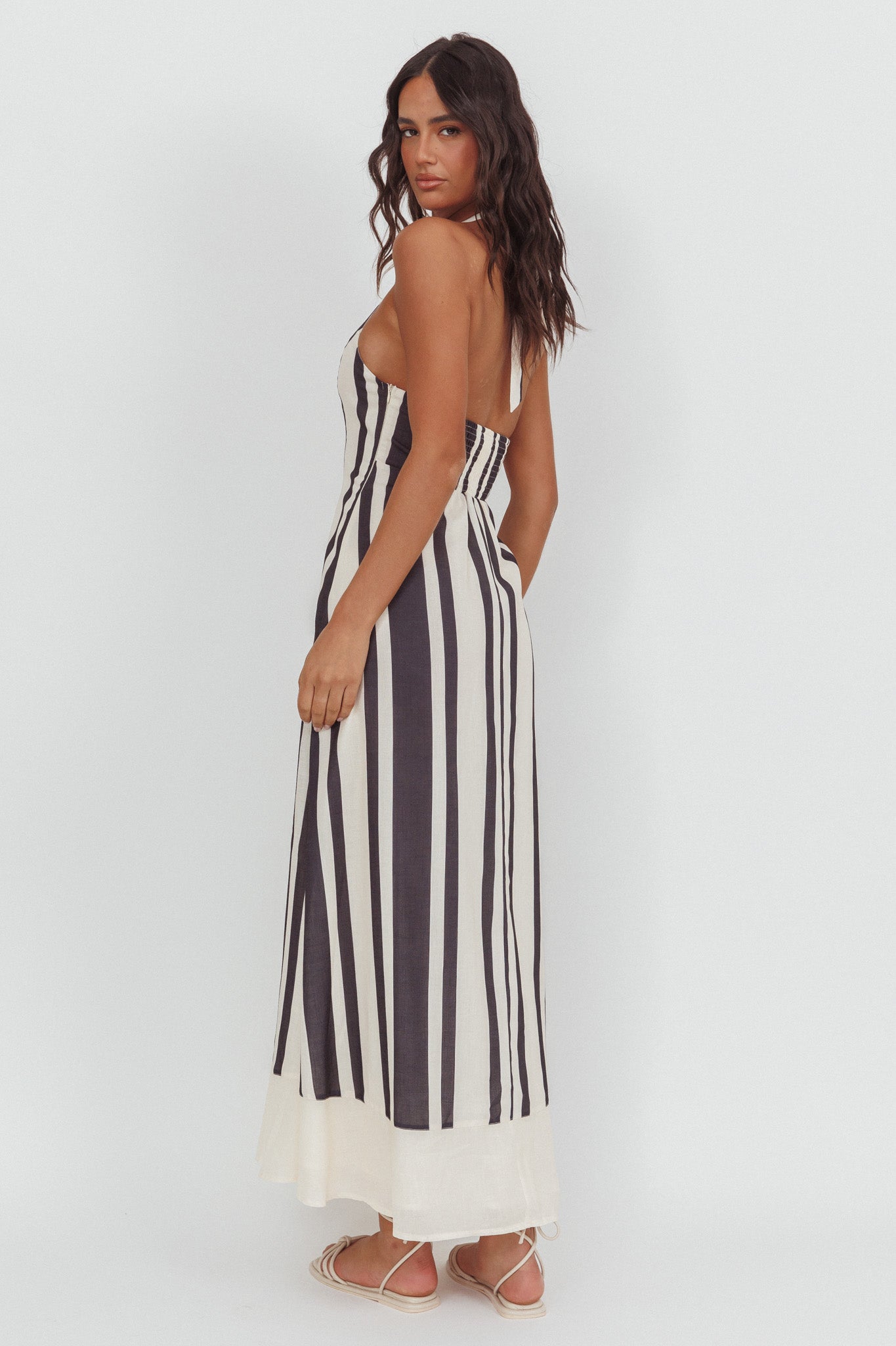 Florie Scoop Neck Halter Maxi Dress Stripe Black Selfie Leslie Florie Scoop Neck Halter Maxi Dress Stripe Black Selfie Leslie