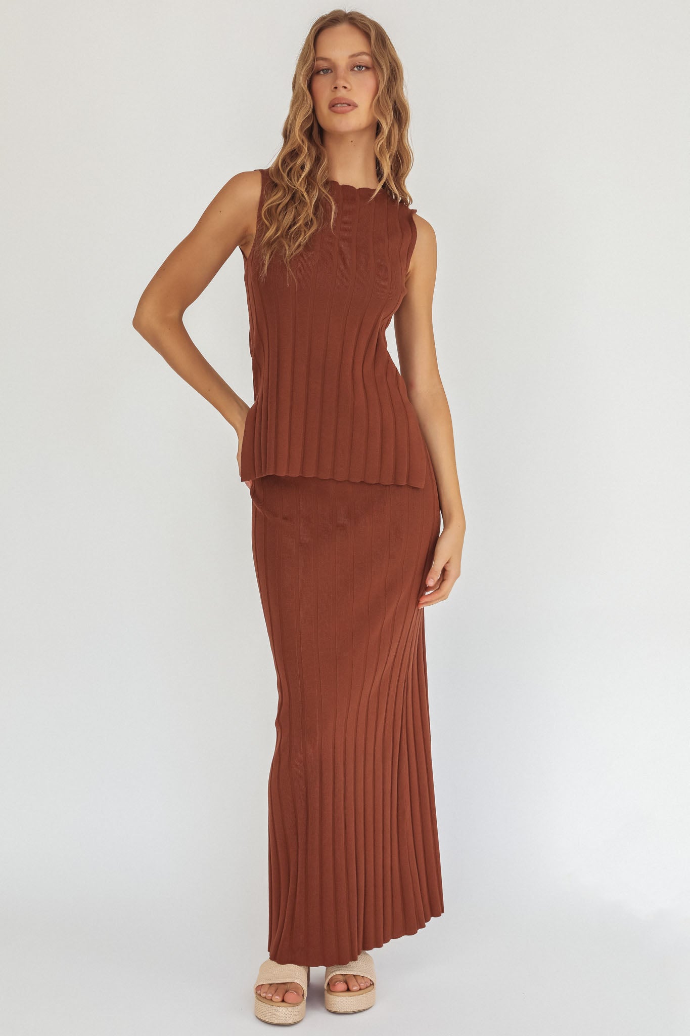 Kimora Ribbed Knit Maxi Skirt Brown by Selfie Leslie