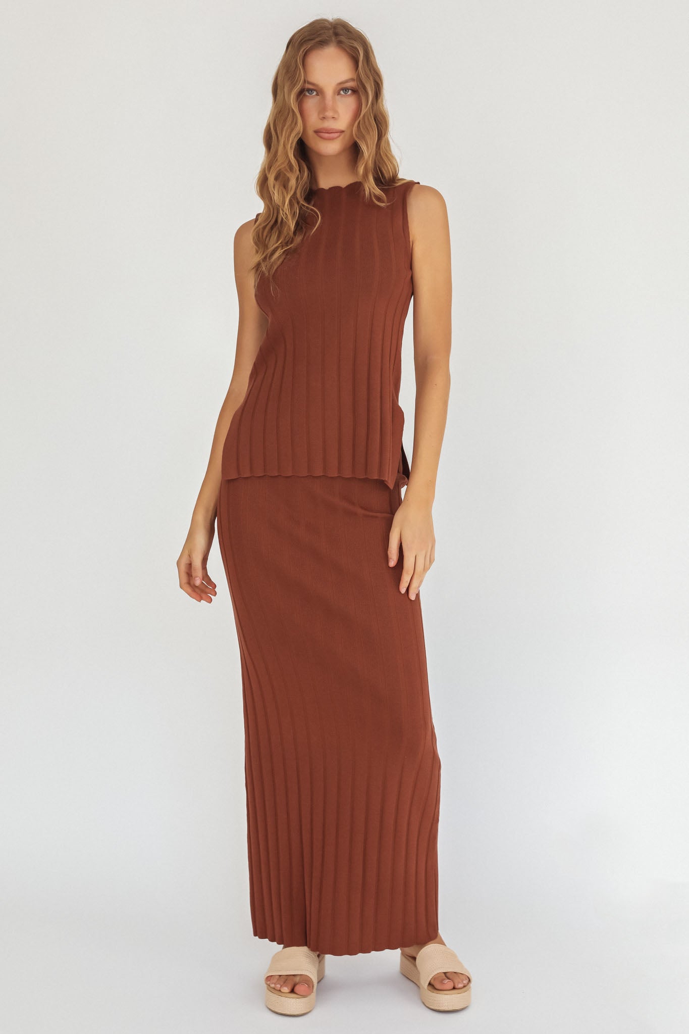 Kimora Ribbed Knit Maxi Skirt Brown by Selfie Leslie
