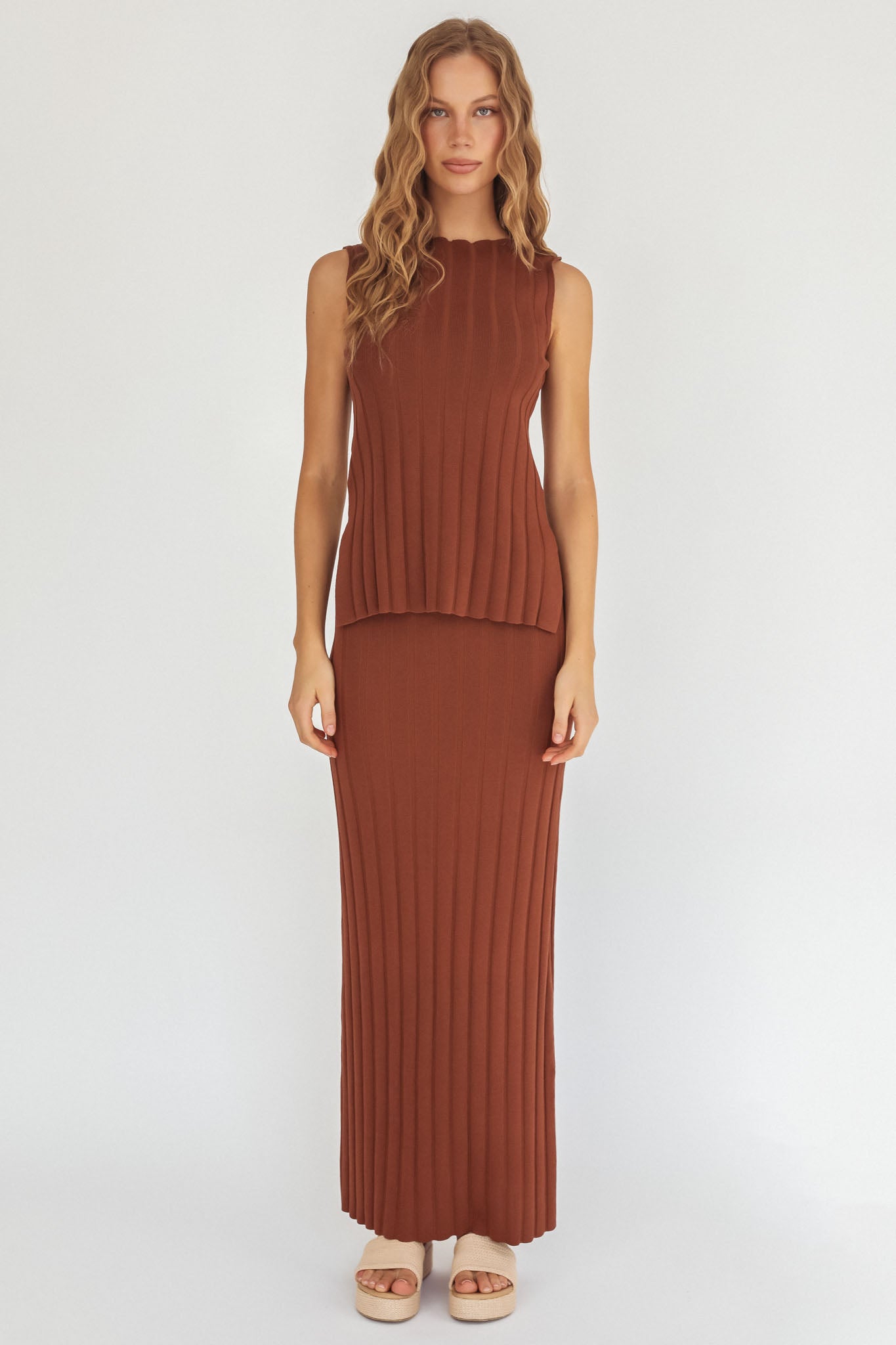 Kimora Ribbed Knit Maxi Skirt Brown by Selfie Leslie