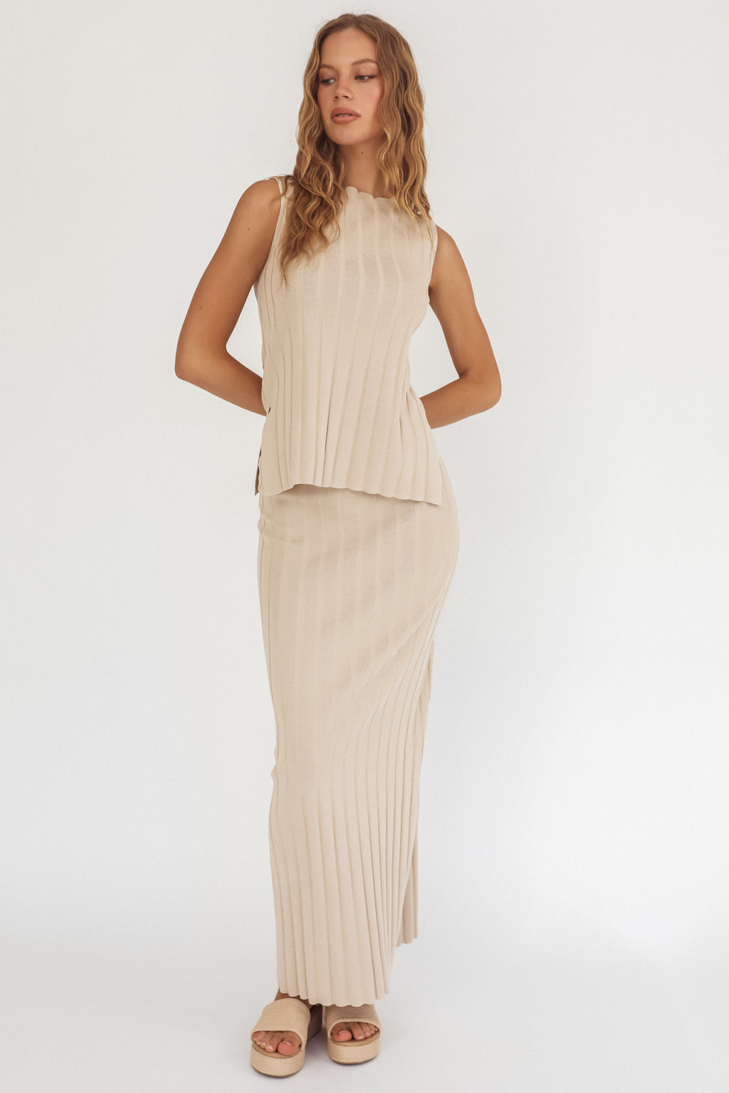 Kimora Ribbed Knit Maxi Skirt Sand by Selfie Leslie