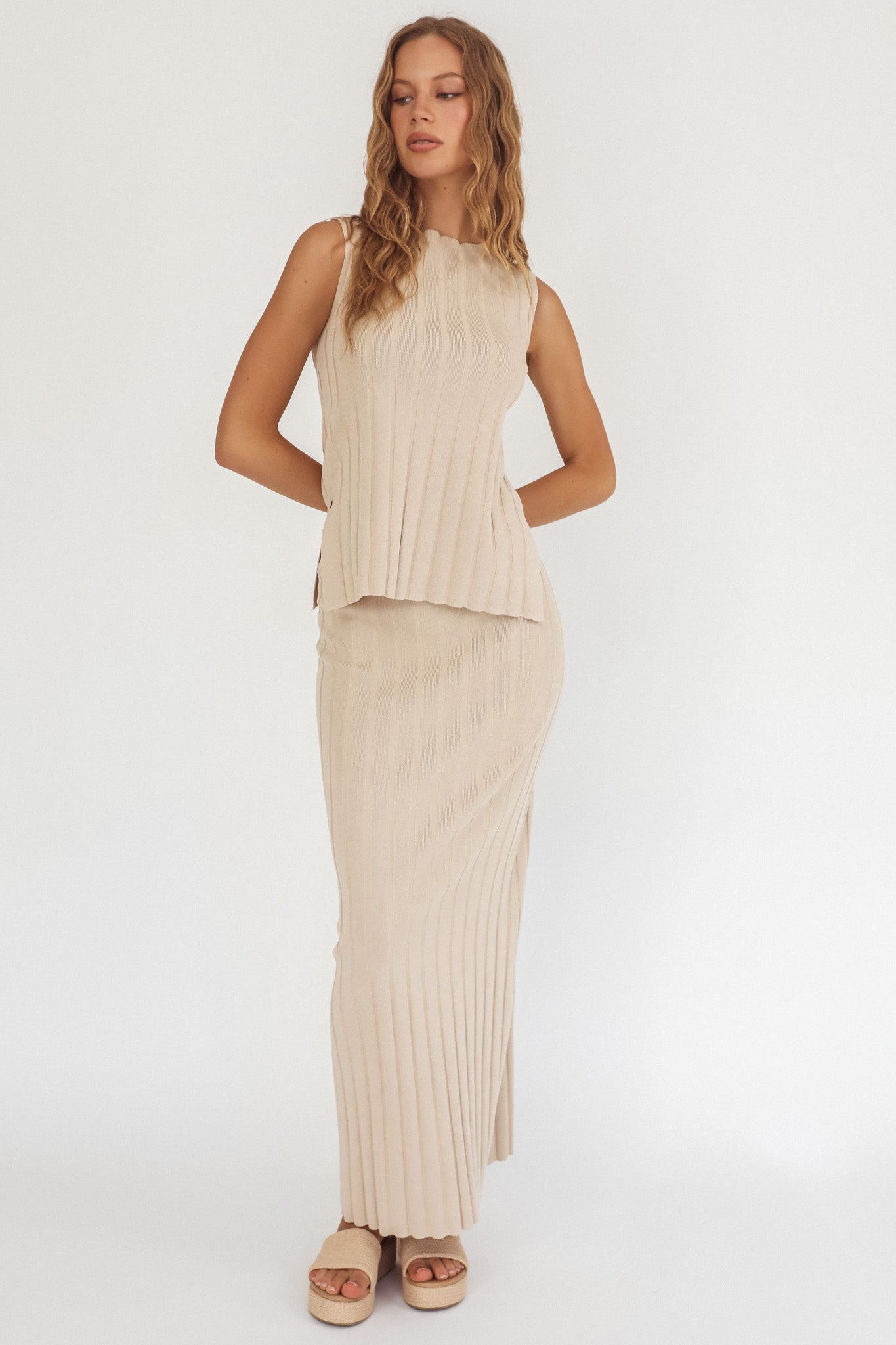 Kimora Ribbed Knit Maxi Skirt Sand by Selfie Leslie