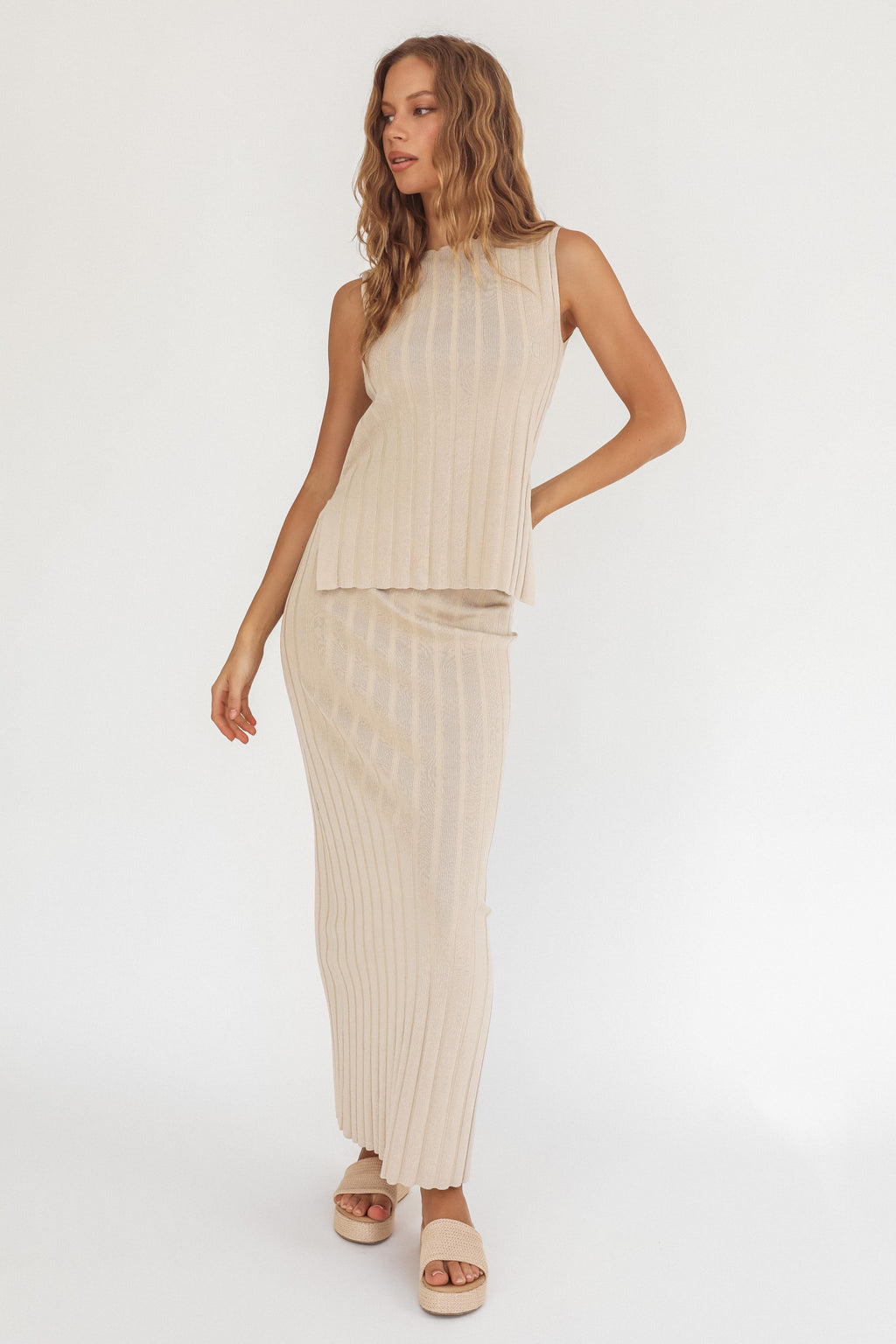 Kimora Ribbed Knit Maxi Skirt Sand by Selfie Leslie