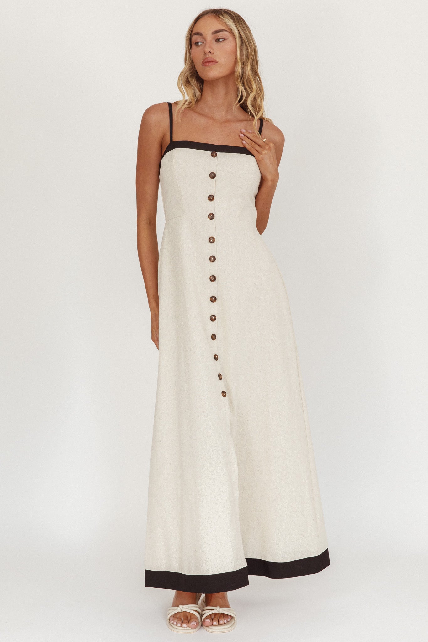Sailing Away Button Front Maxi Dress Oat by Selfie Leslie
