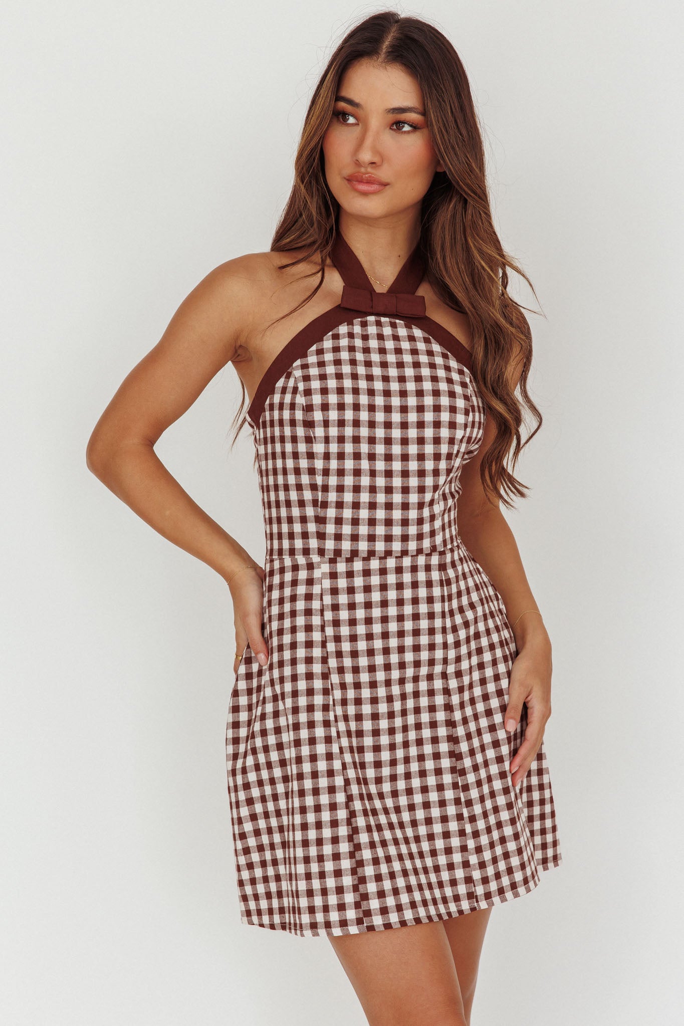 Lady Bow Halterneck Mini Dress Plaid Brown by Selfie Leslie