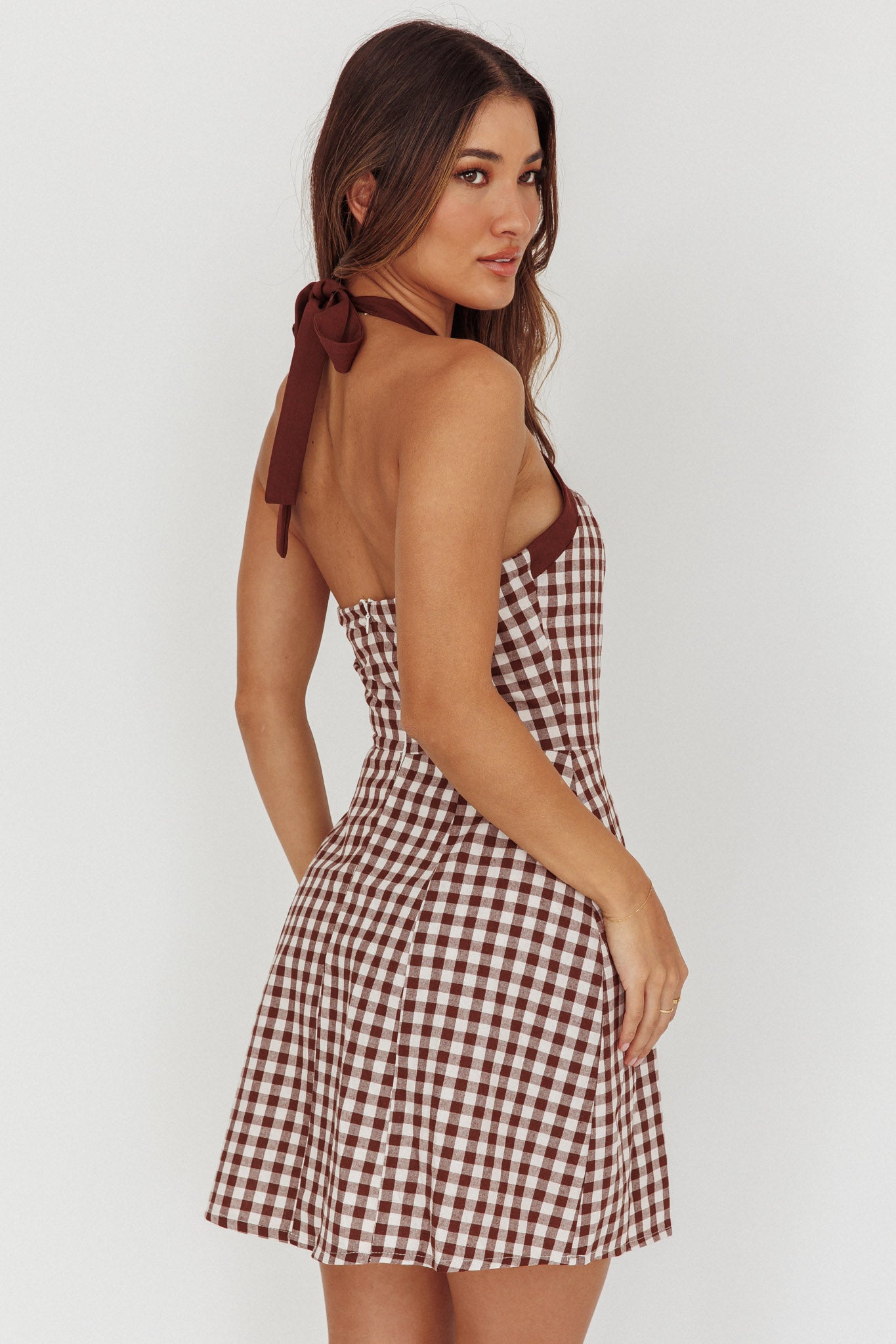 Lady Bow Halterneck Mini Dress Plaid Brown by Selfie Leslie