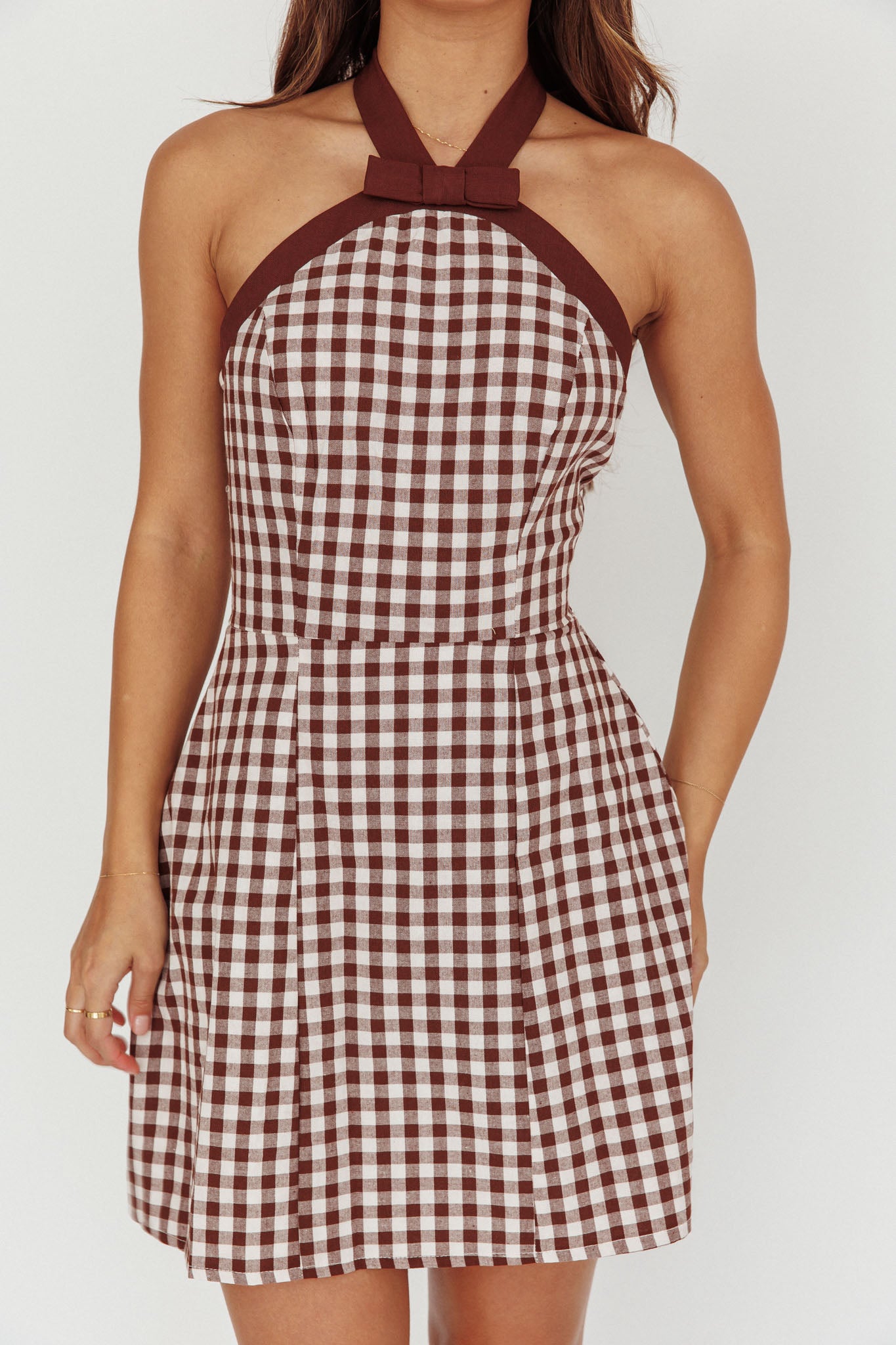 Lady Bow Halterneck Mini Dress Plaid Brown by Selfie Leslie