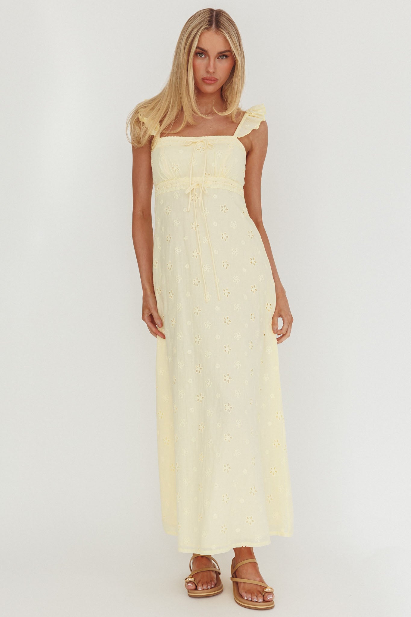 Zimmer Eyelet Frill Strap Maxi Dress Butter by Selfie Leslie