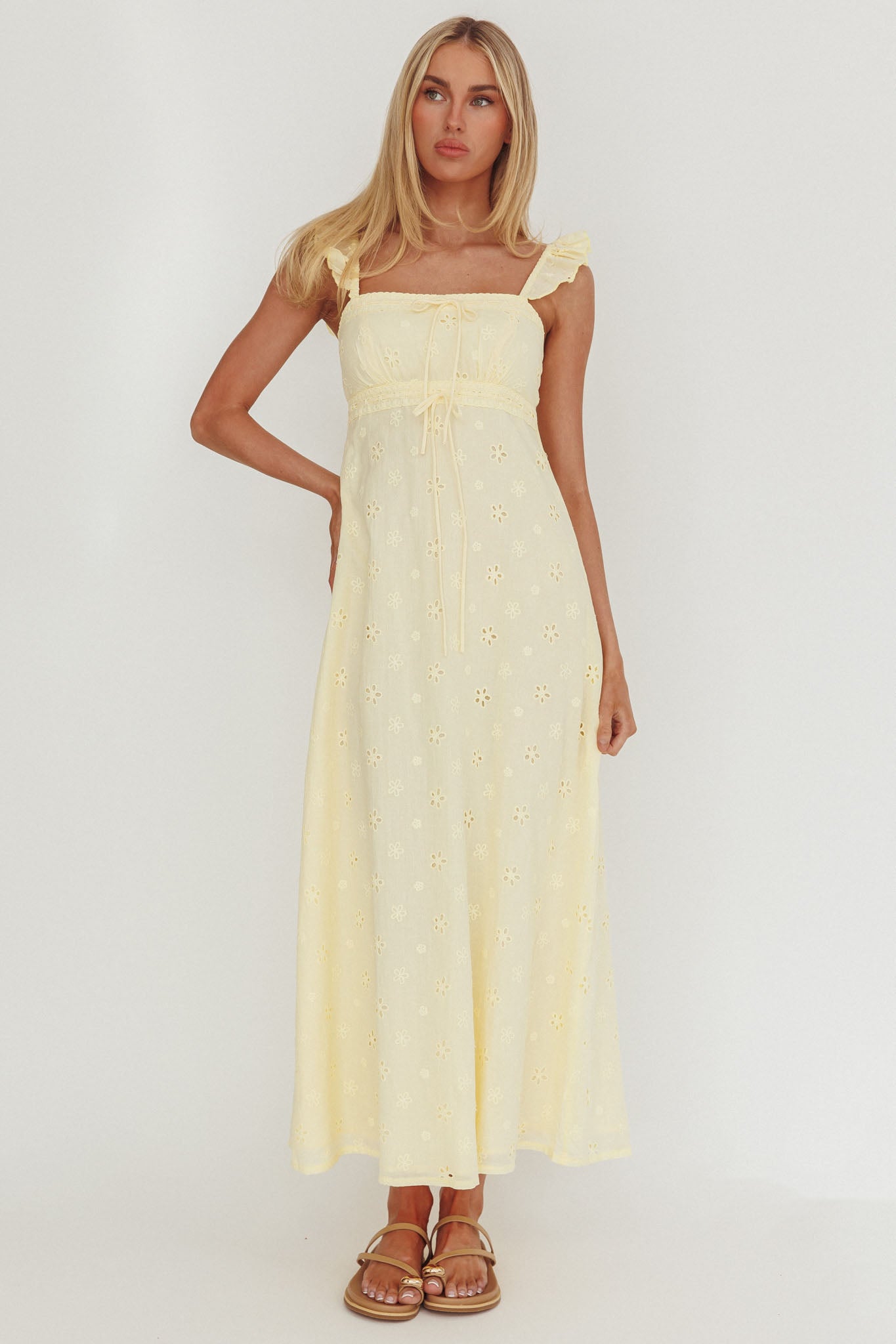Zimmer Eyelet Frill Strap Maxi Dress Butter by Selfie Leslie