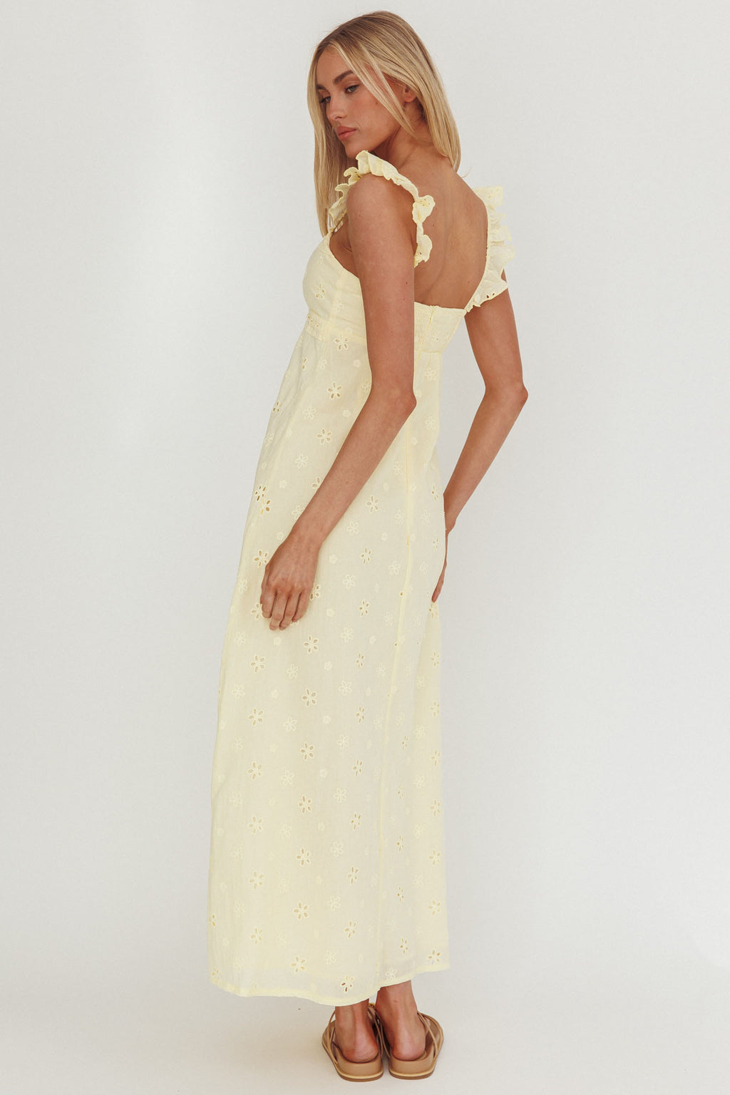 Zimmer Eyelet Frill Strap Maxi Dress Butter by Selfie Leslie