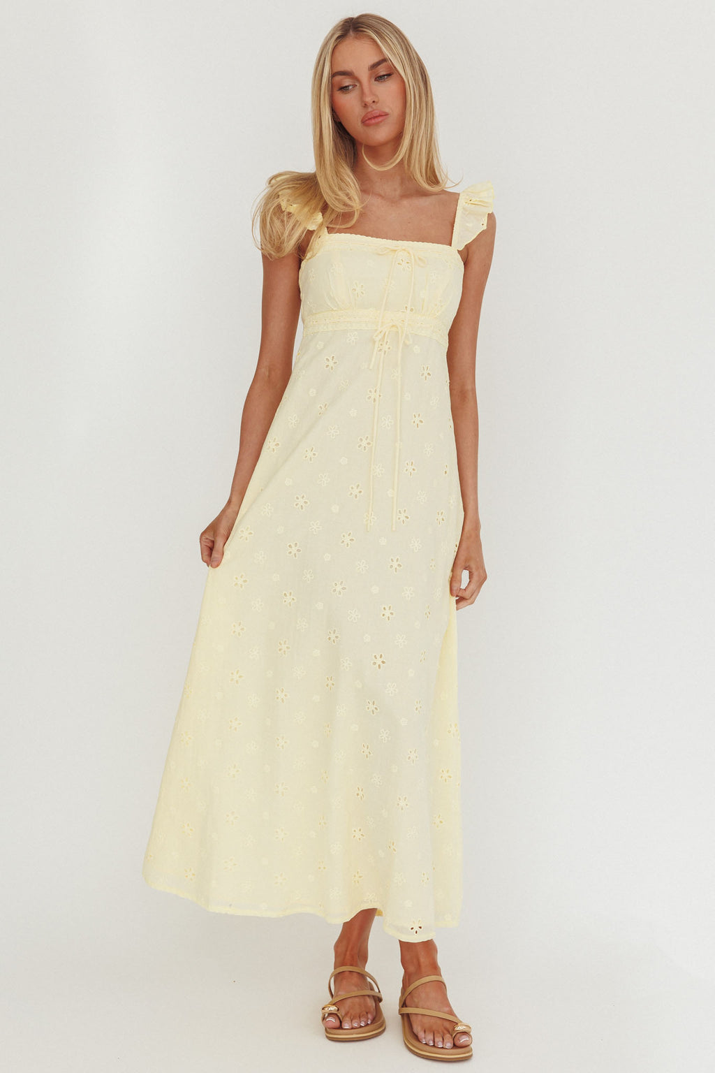 Zimmer Eyelet Frill Strap Maxi Dress Butter by Selfie Leslie