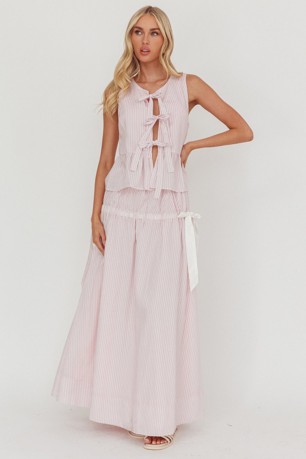 Salty Sea Side Bow Maxi Skirt Blush Stripe by Selfie Leslie