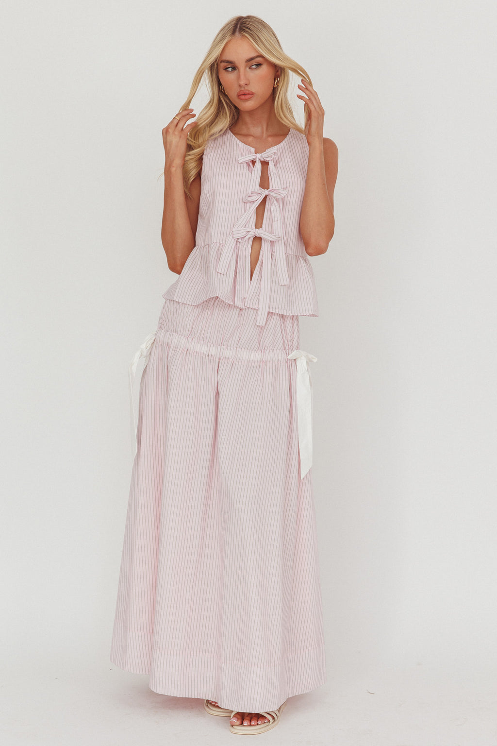 Salty Sea Side Bow Maxi Skirt Blush Stripe by Selfie Leslie