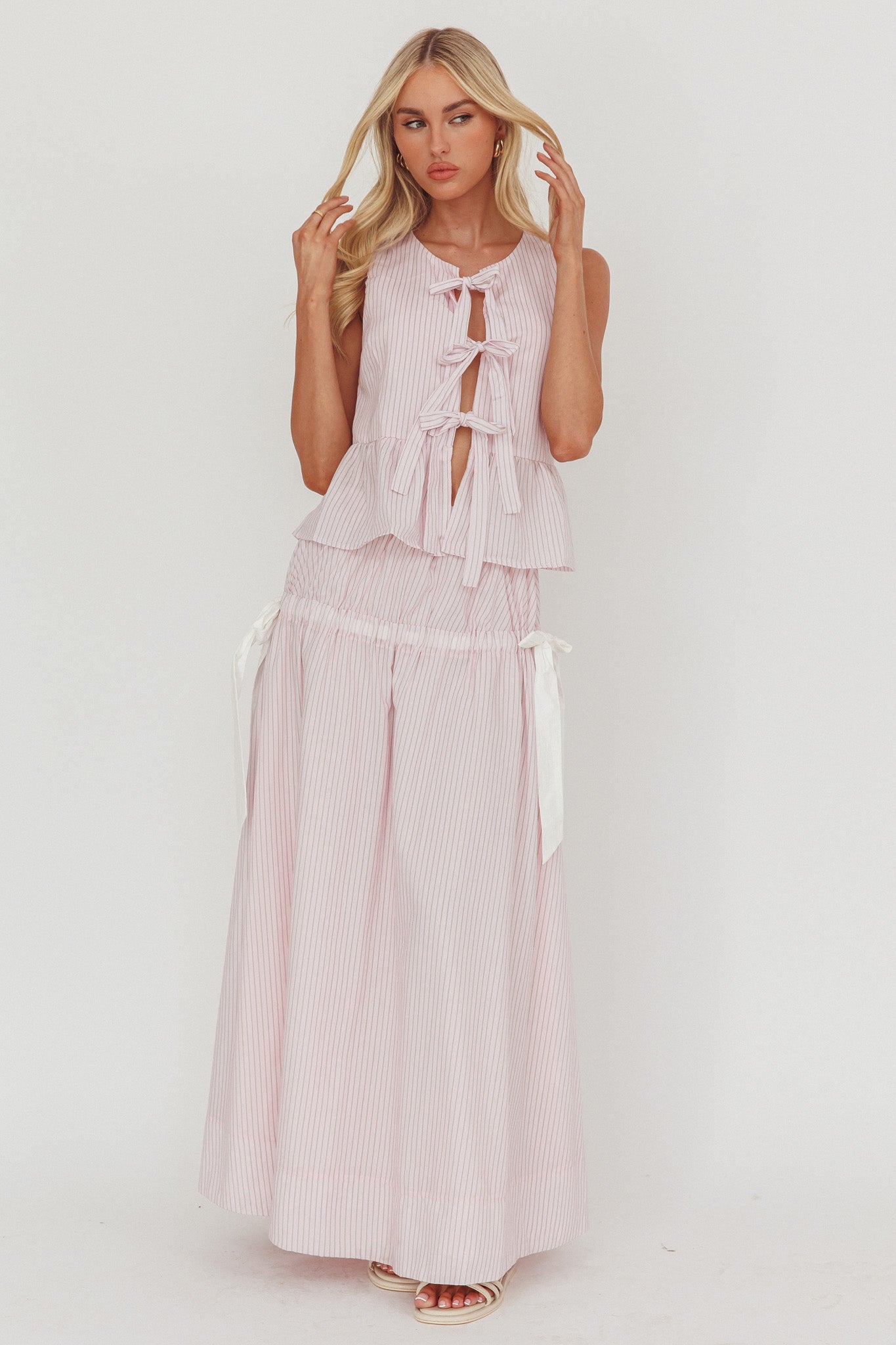 Salty Sea Side Bow Maxi Skirt Blush Stripe by Selfie Leslie