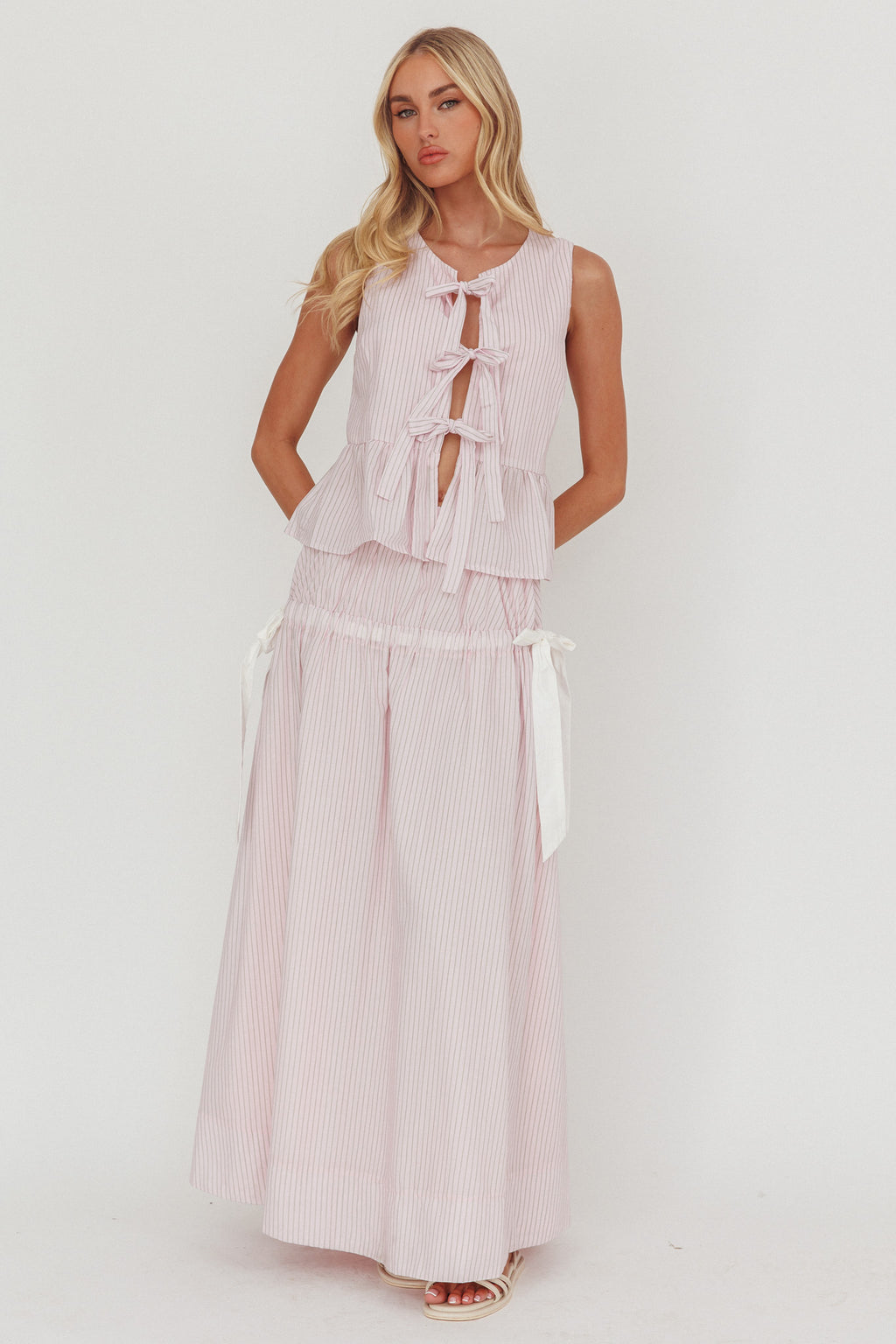 Salty Sea Side Bow Maxi Skirt Blush Stripe by Selfie Leslie