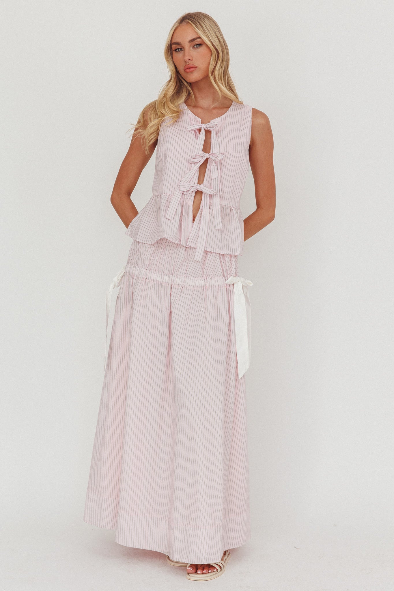 Salty Sea Side Bow Maxi Skirt Blush Stripe by Selfie Leslie