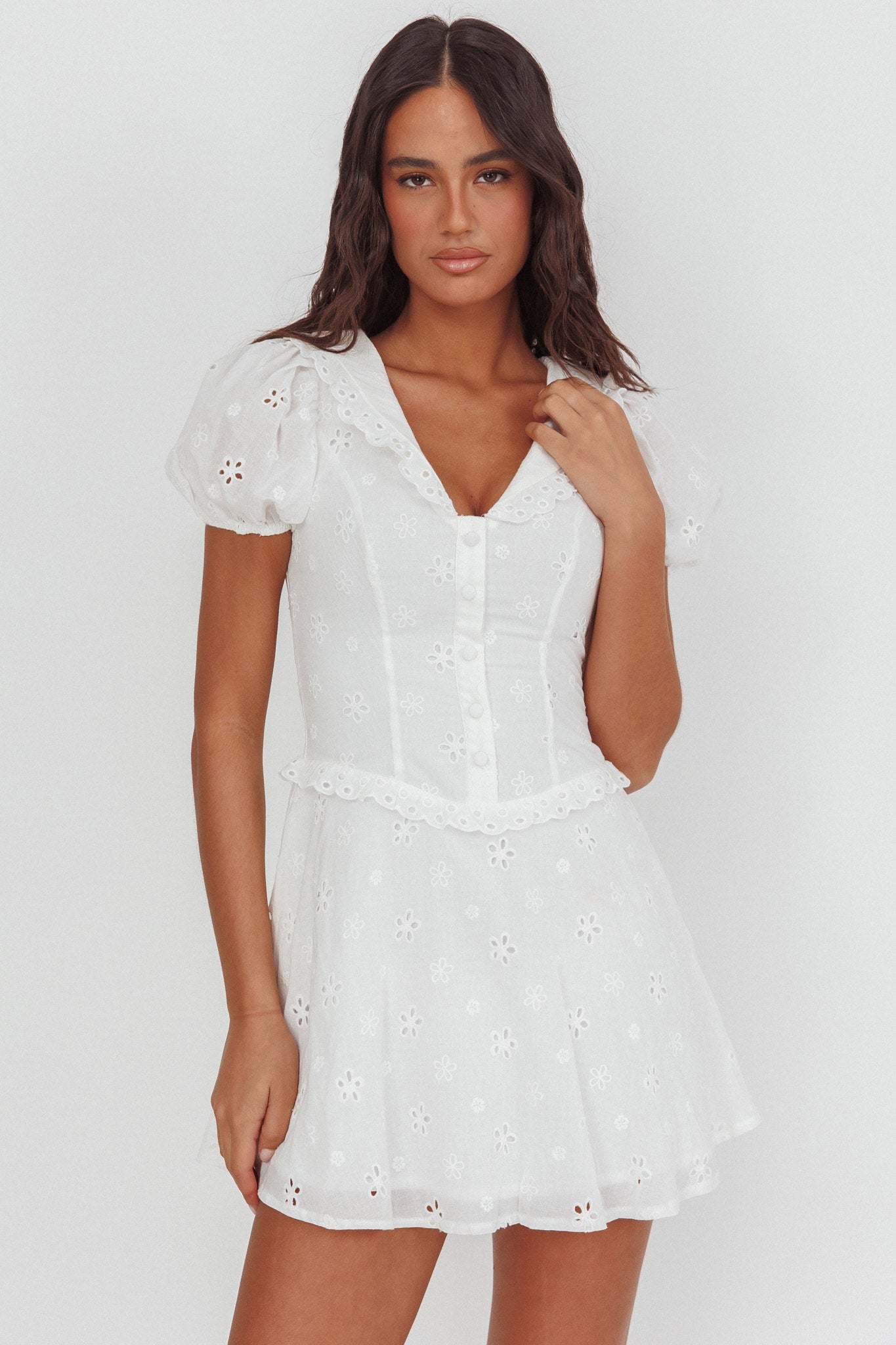 Aylin Collared Eyelet Mini Dress White - M