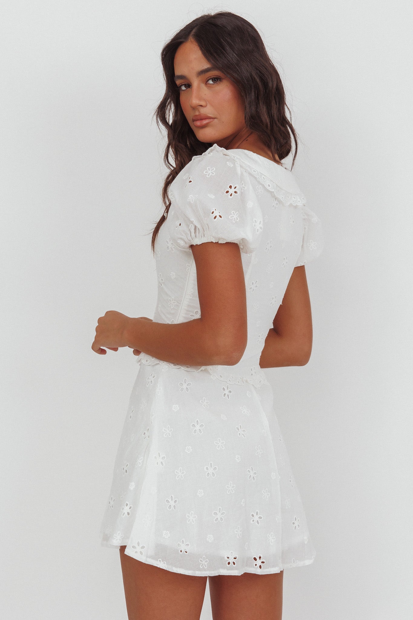 Aylin Collared Eyelet Mini Dress White - L