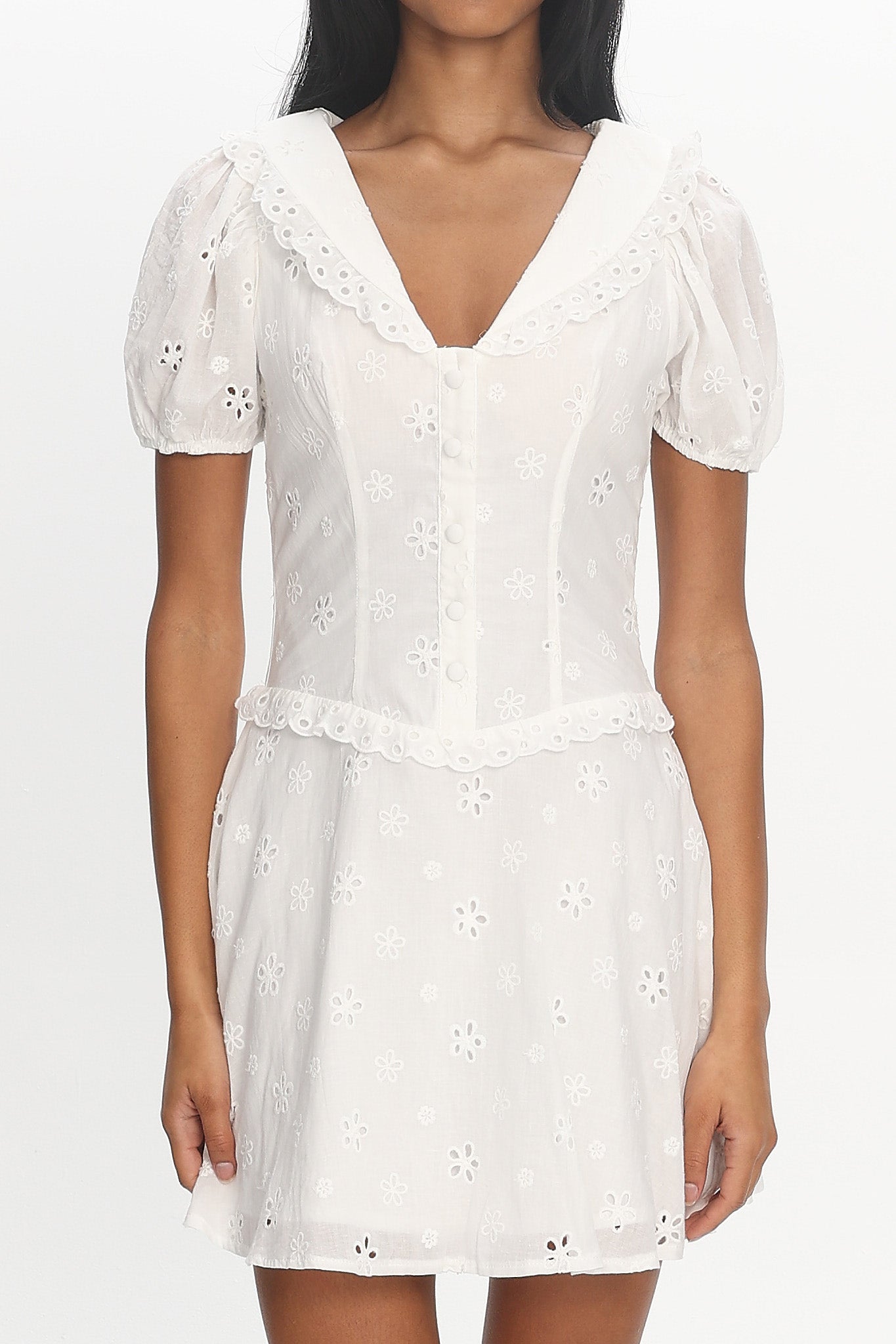 Aylin Collared Eyelet Mini Dress White | Selfie Leslie