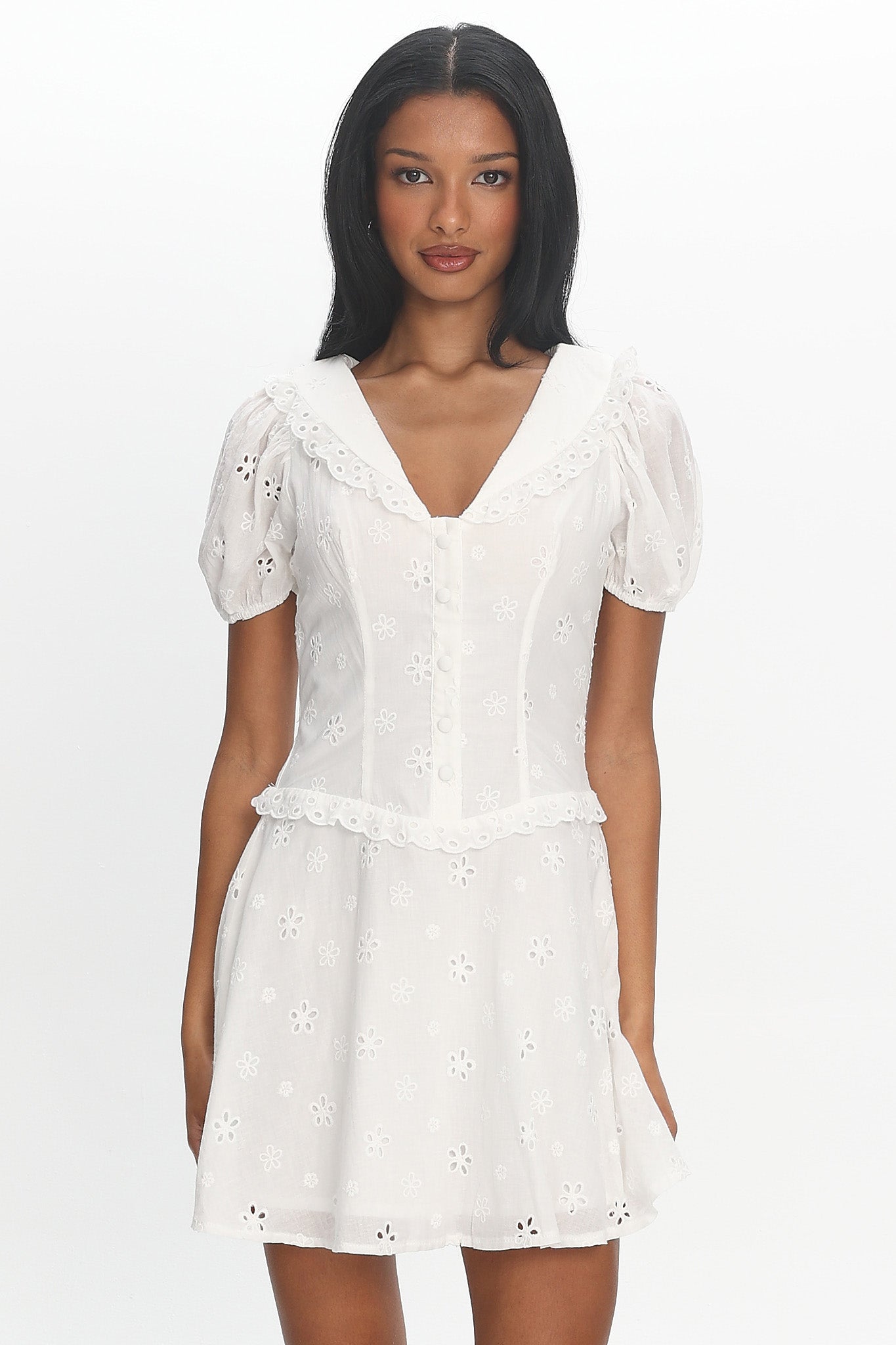 Aylin Collared Eyelet Mini Dress White | Selfie Leslie