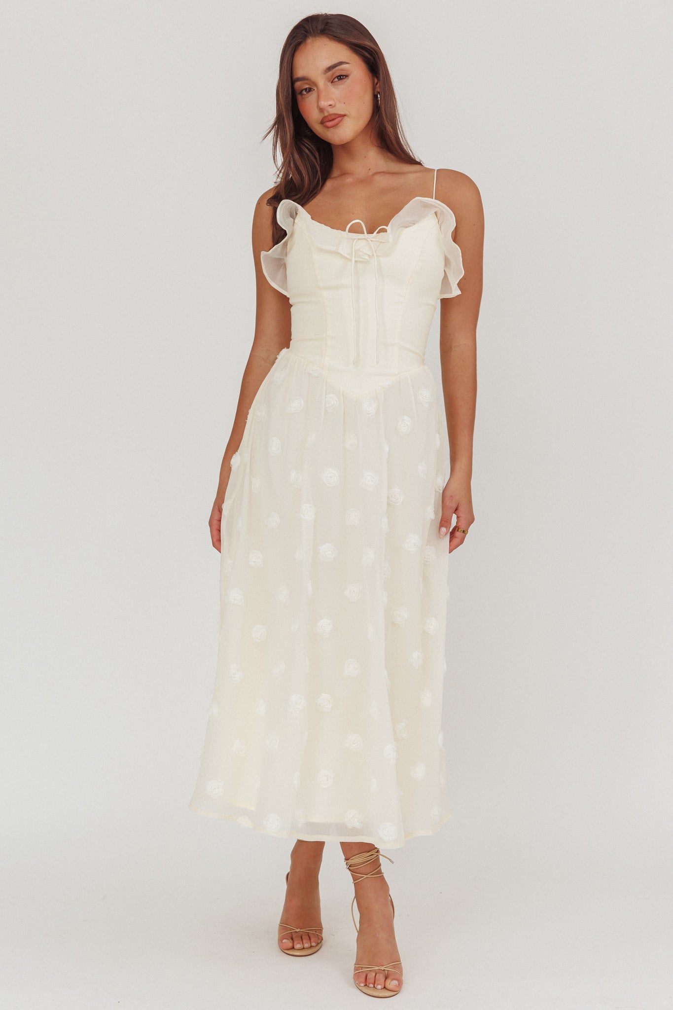 Gelati Embellished Tie Strap Midi Dress Cream by Selfie Leslie