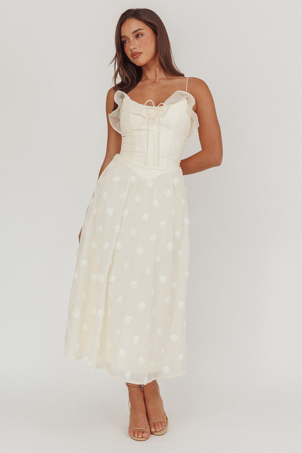 Gelati Embellished Tie Strap Midi Dress Cream by Selfie Leslie