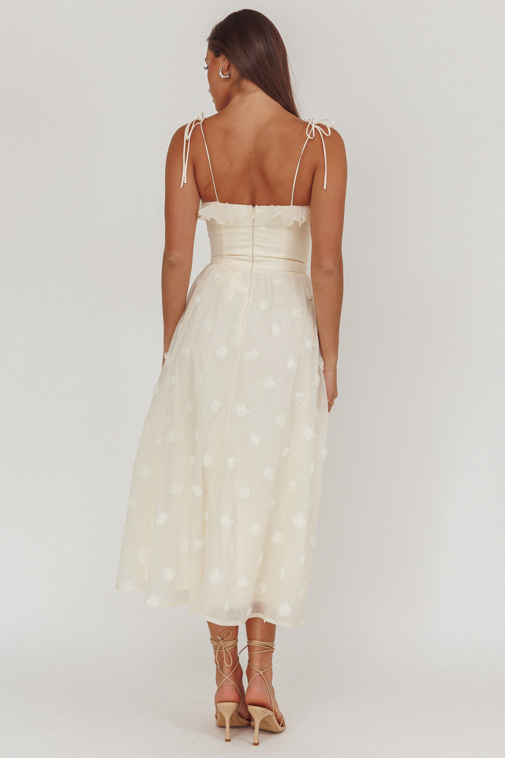 Gelati Embellished Tie Strap Midi Dress Cream by Selfie Leslie