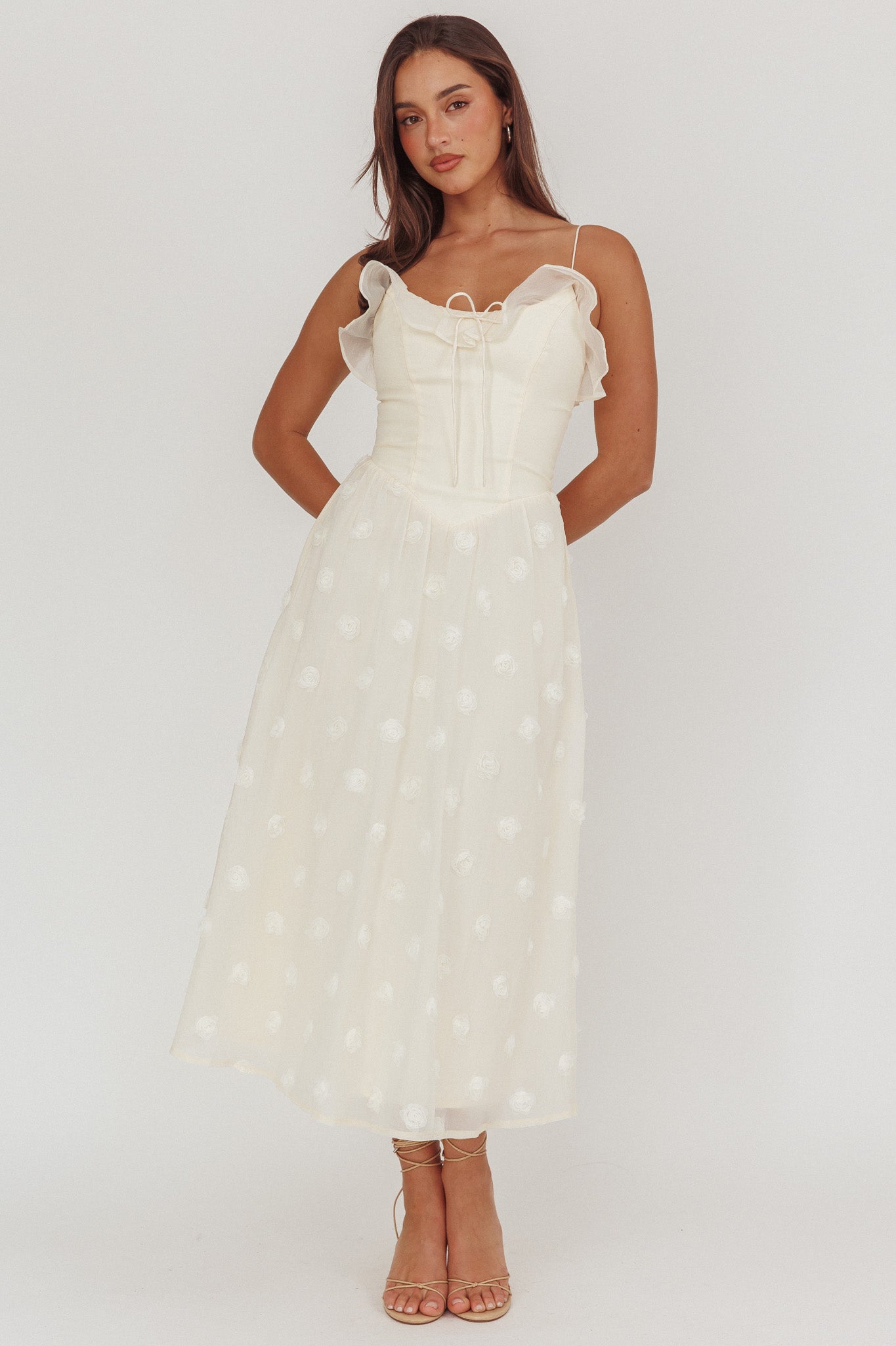 Gelati Embellished Tie Strap Midi Dress Cream by Selfie Leslie