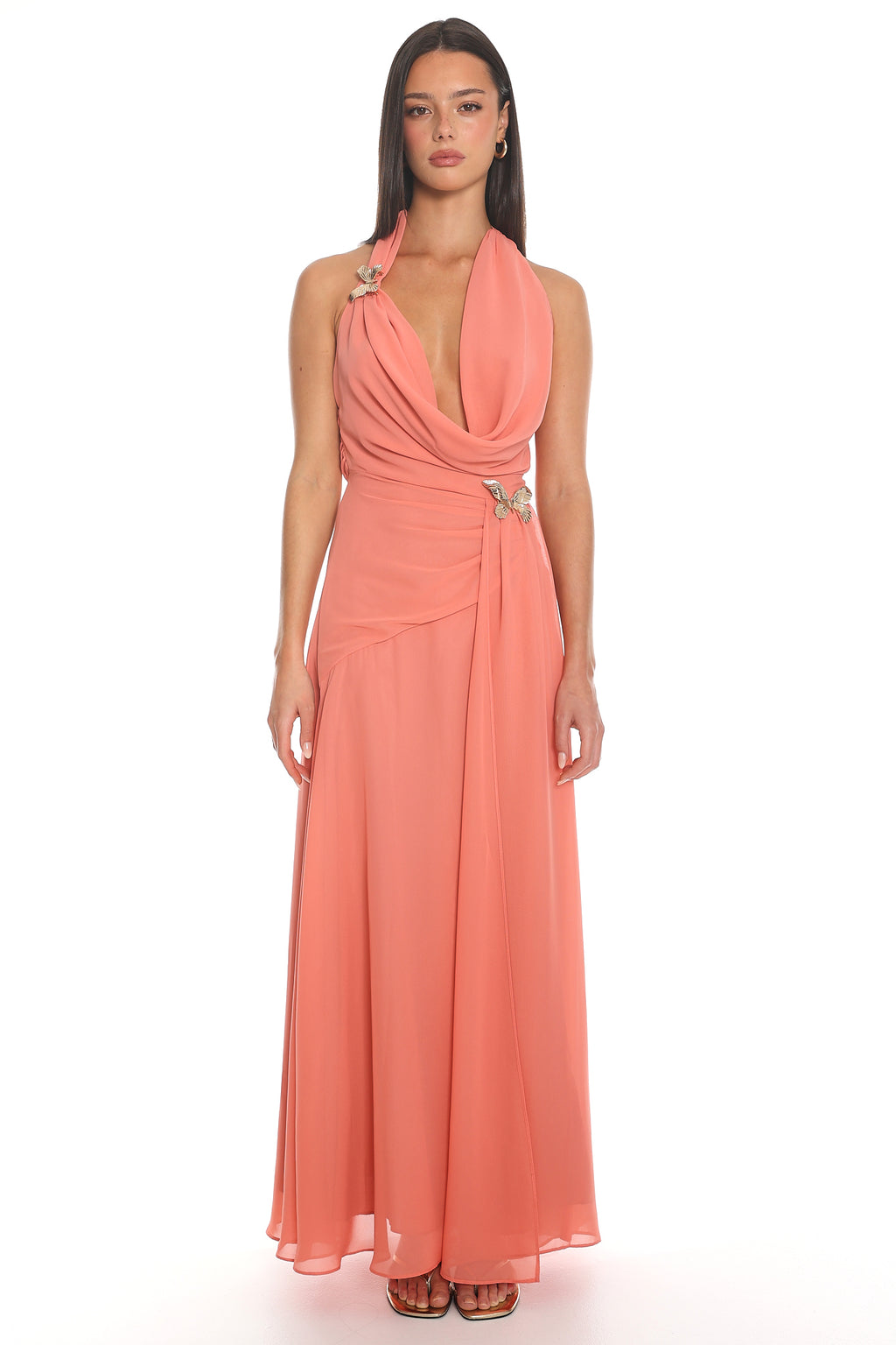 La Isla Cowl Halter Maxi Dress Coral