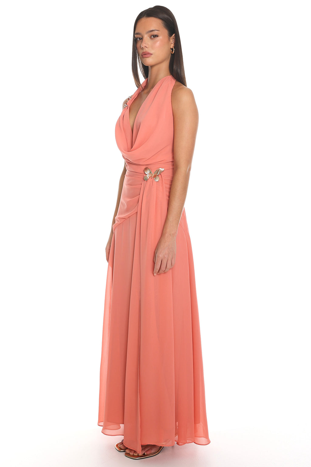 La Isla Cowl Halter Maxi Dress Coral