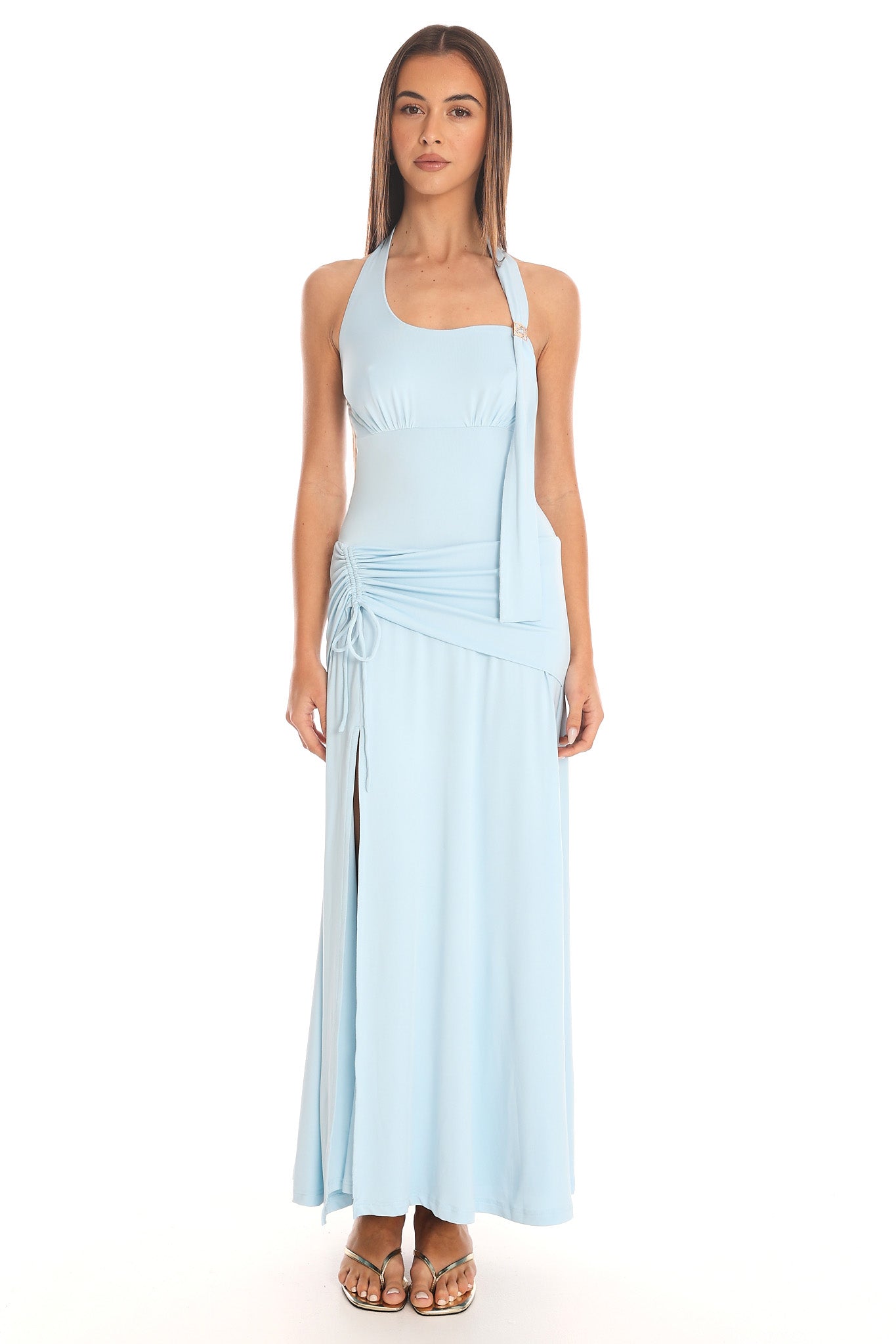 Caprice Ruched Halter Maxi Dress Blue