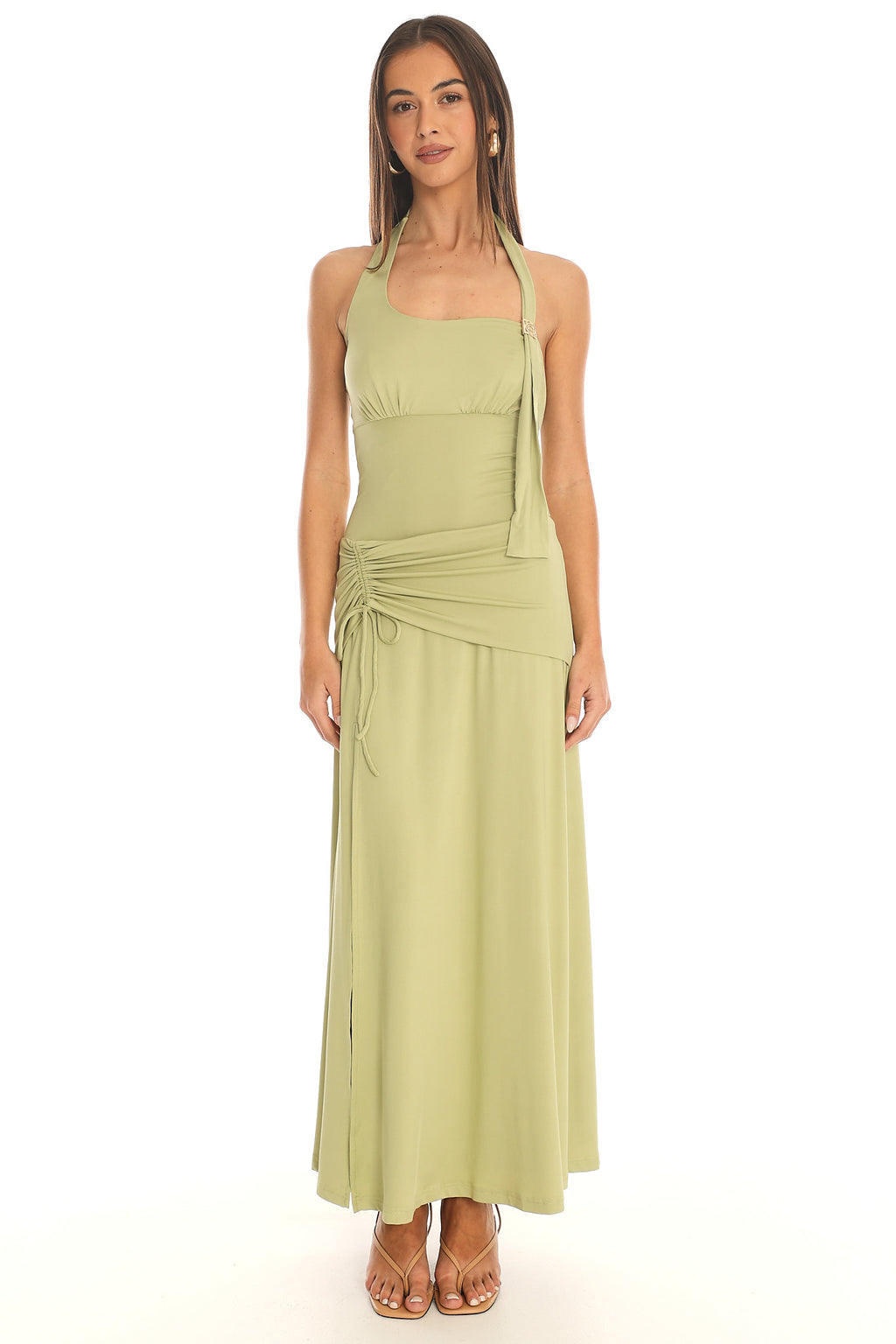 Caprice Ruched Halter Maxi Dress Pistachio