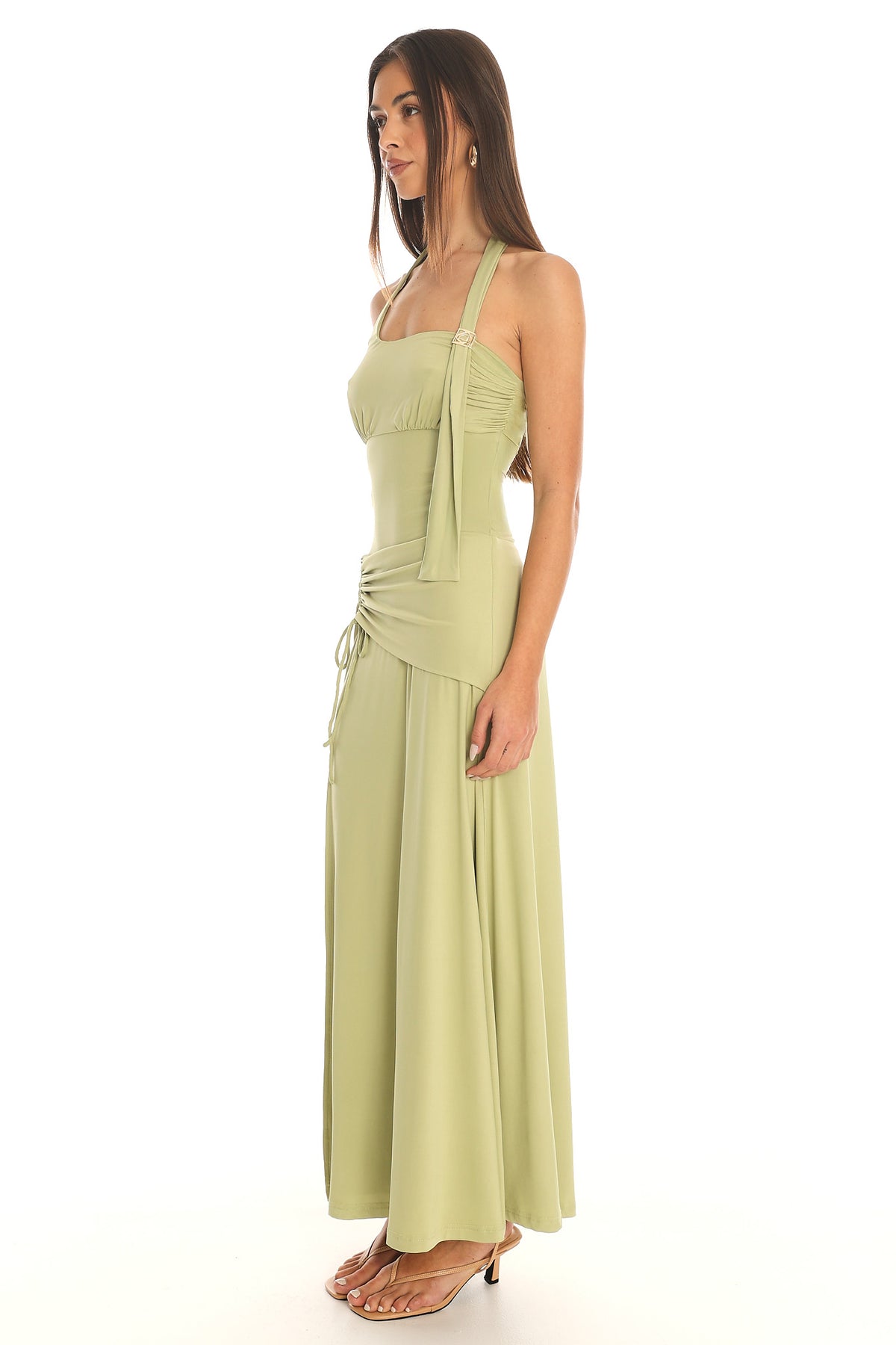 Caprice Ruched Halter Maxi Dress Pistachio
