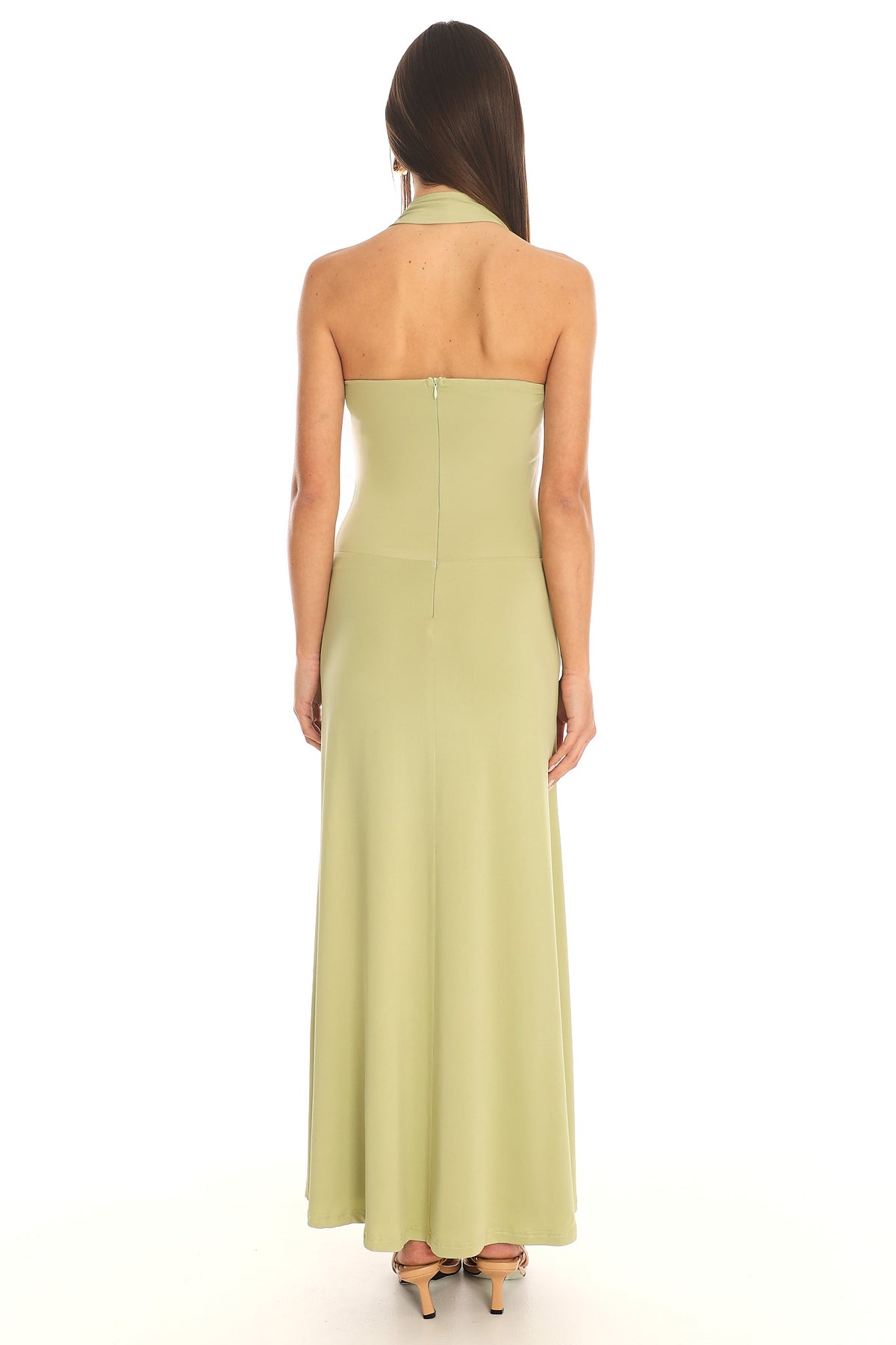 Caprice Ruched Halter Maxi Dress Pistachio