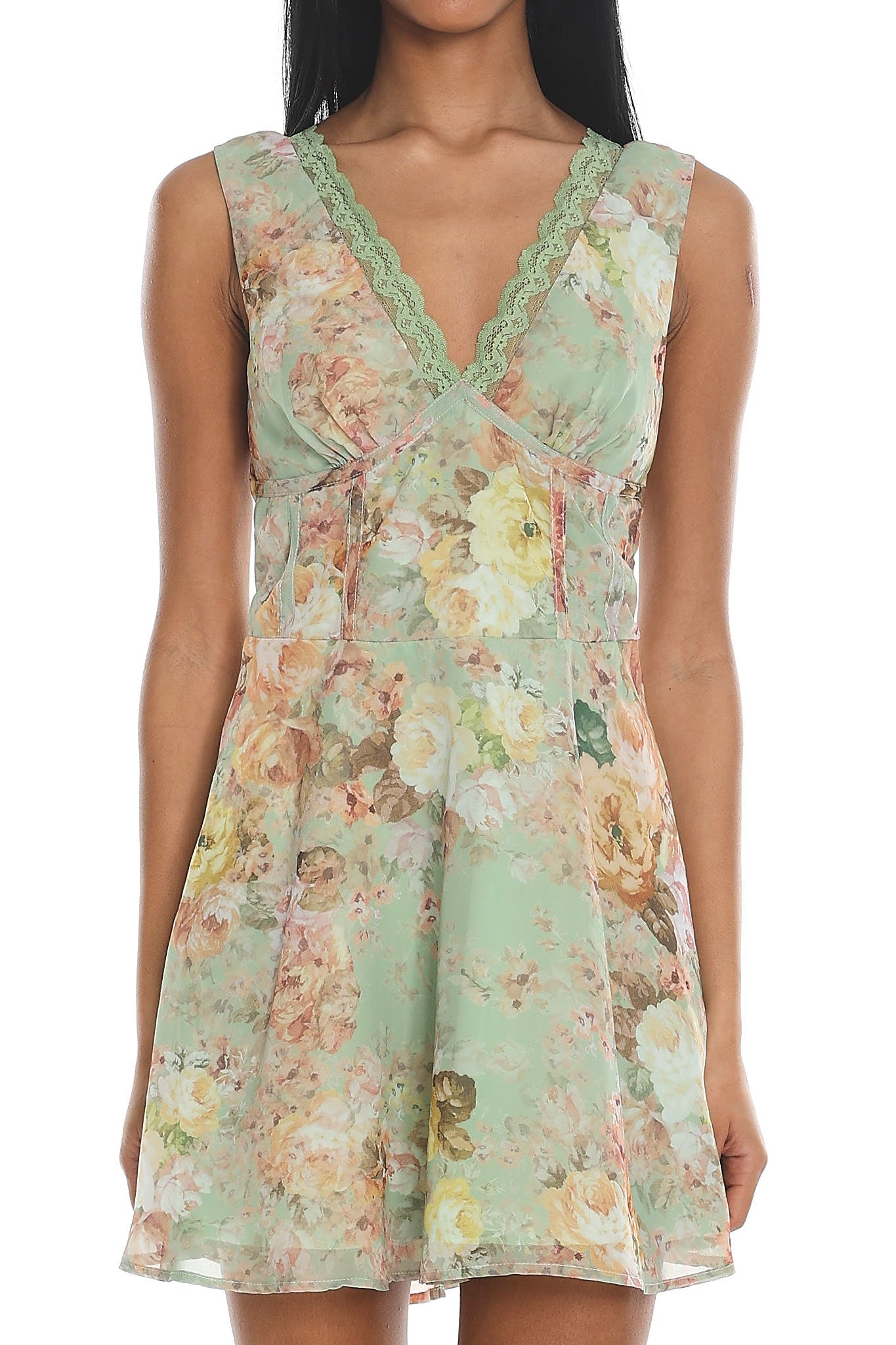 Shop the Afternoon in Provence Lace Trim Mini Dress Mint
