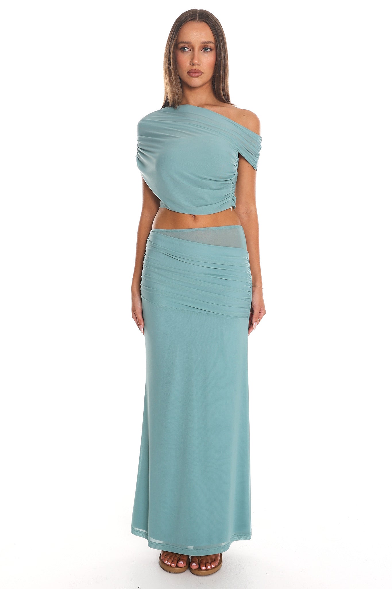Low Tide Draped One-Shoulder Crop Top Teal