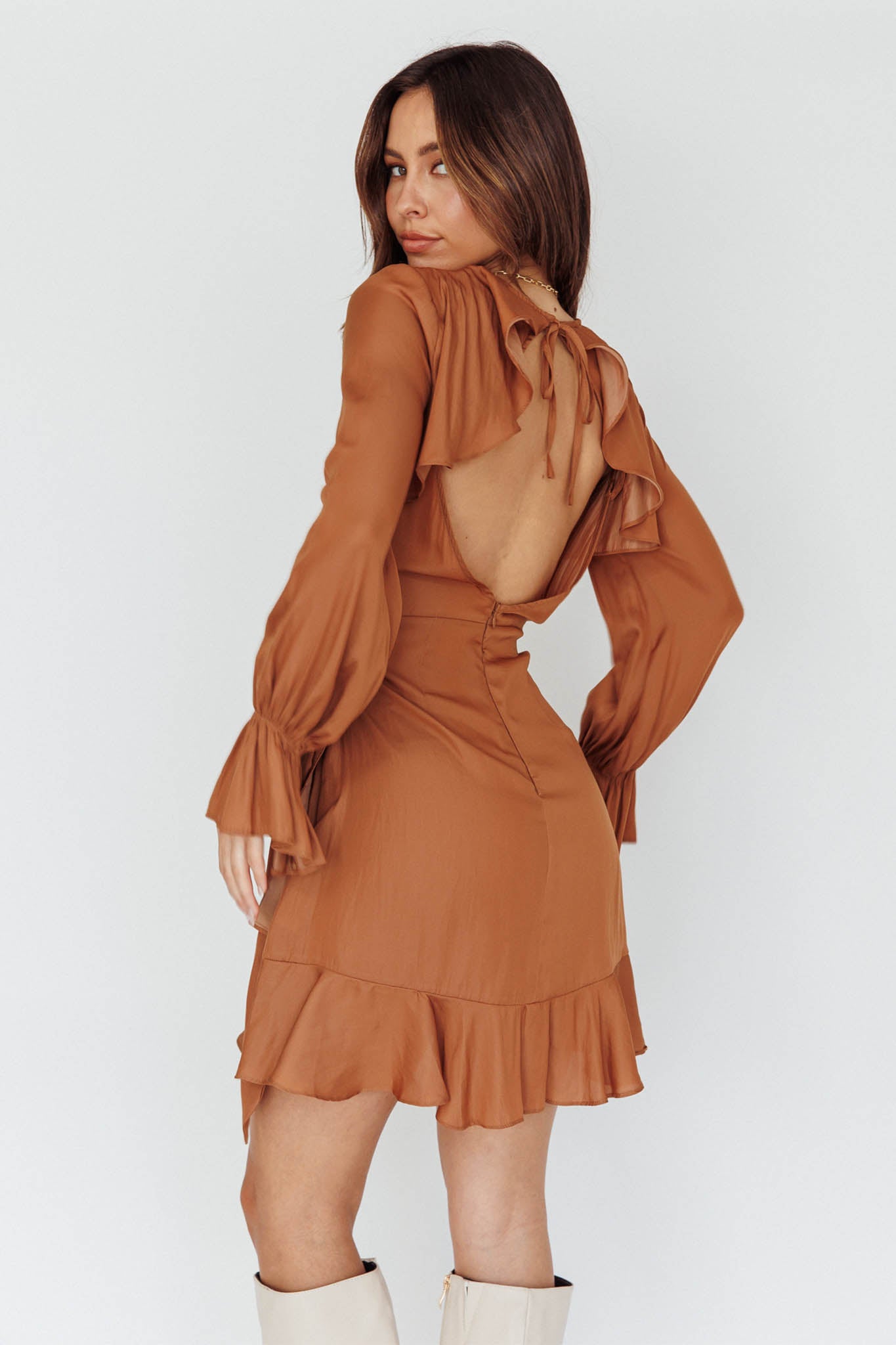 Darla Long Sleeve Satin Dress Tan M Darla Long Sleeve Satin Dress Tan M